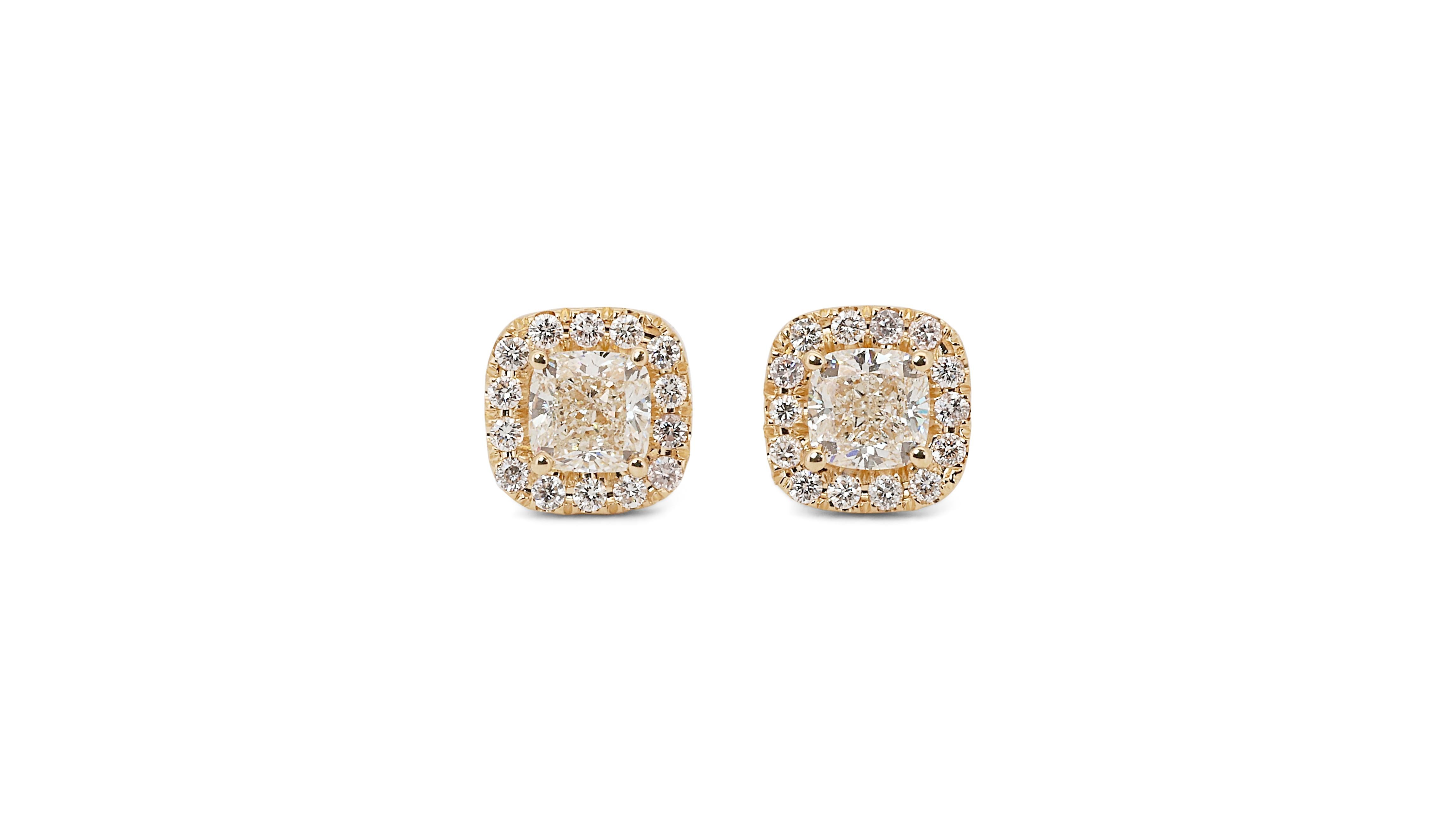 Radiant 14k Yellow Gold Natural Diamond Halo Stud Earrings w/2.57 ct - IGI Cert For Sale 2