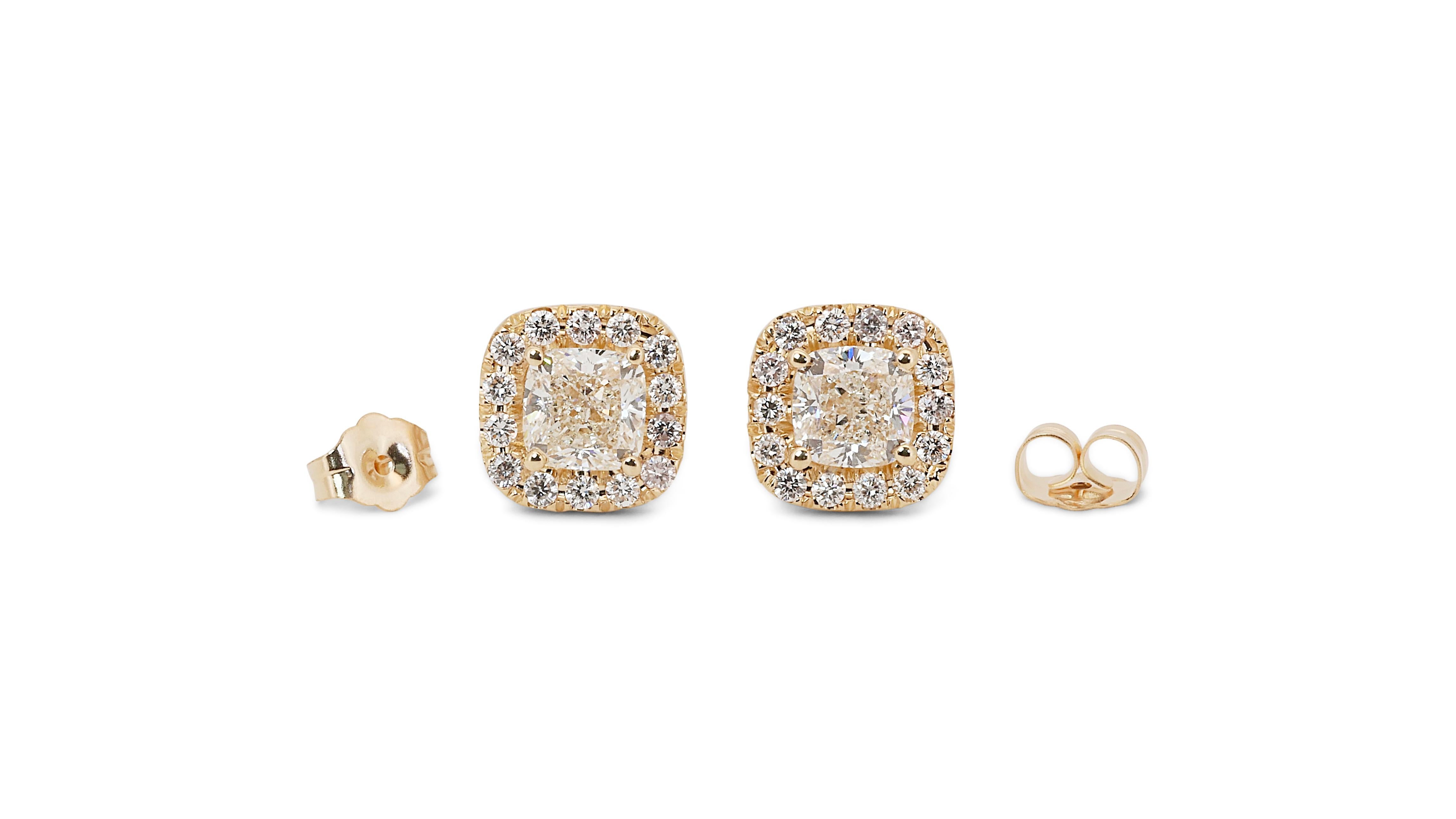 Radiant 14k Yellow Gold Natural Diamond Halo Stud Earrings w/2.57 ct - IGI Cert For Sale 3
