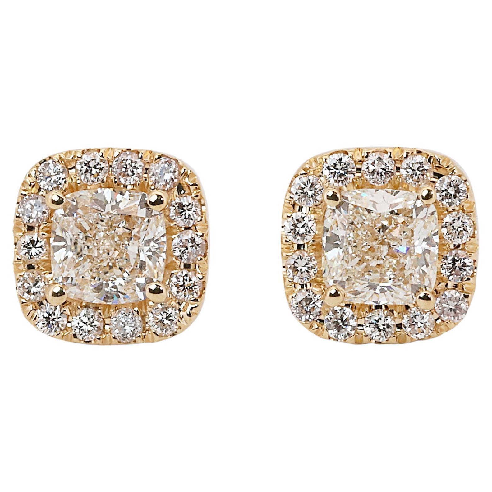 Radiant 14k Yellow Gold Natural Diamond Halo Stud Earrings w/2.57 ct - IGI Cert For Sale