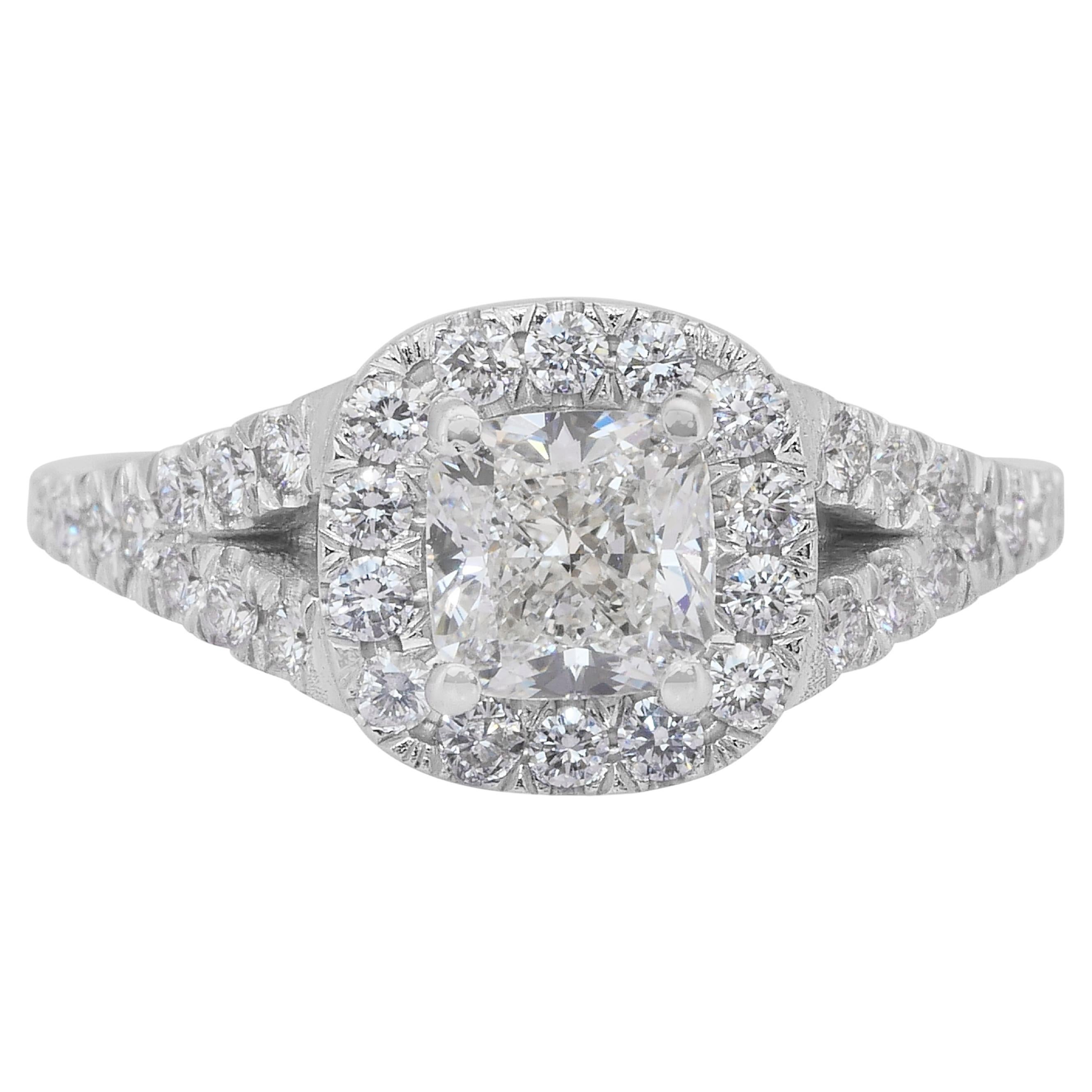 Radiant 1.50ct Diamonds Halo Ring in 18k White Gold - IGI Certified