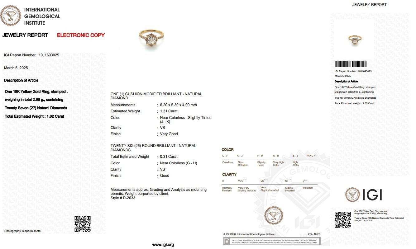 Radiant 1,62 Karat Diamanten Halo-Ring aus 18 Karat Gelbgold - IGI-zertifiziert Damen