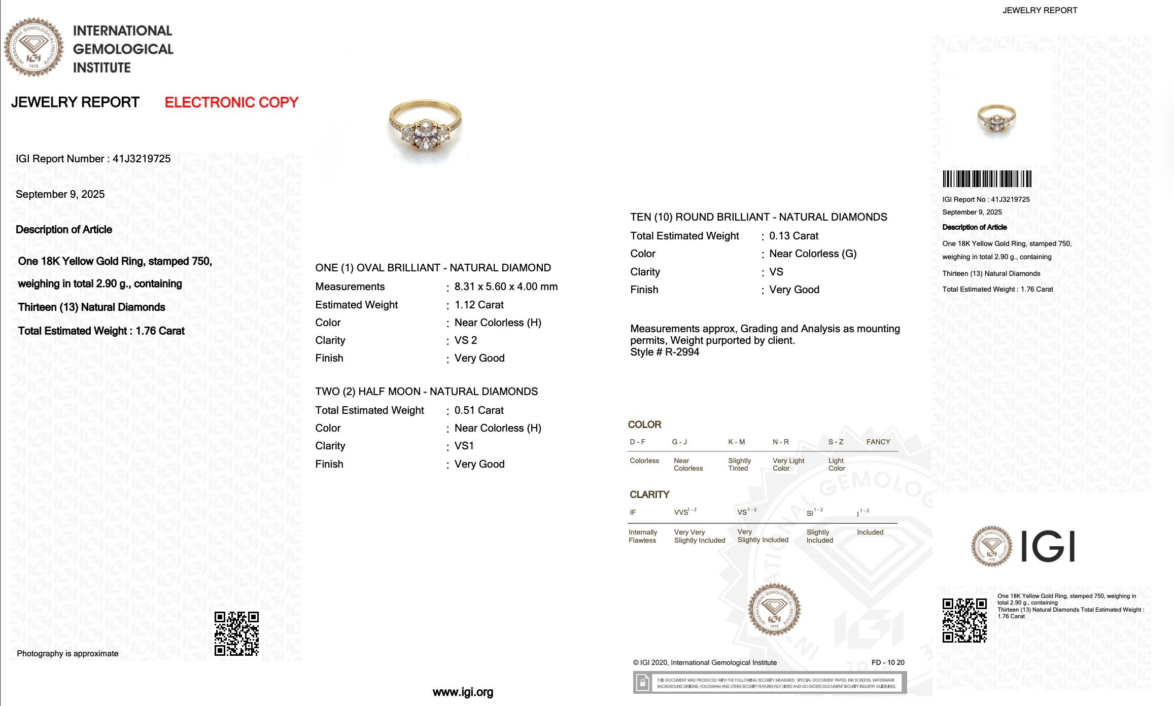 Bague 3 pierres en or jaune 18 carats avec 1,76 ct de diamants - certifié IGI Pour femmes en vente