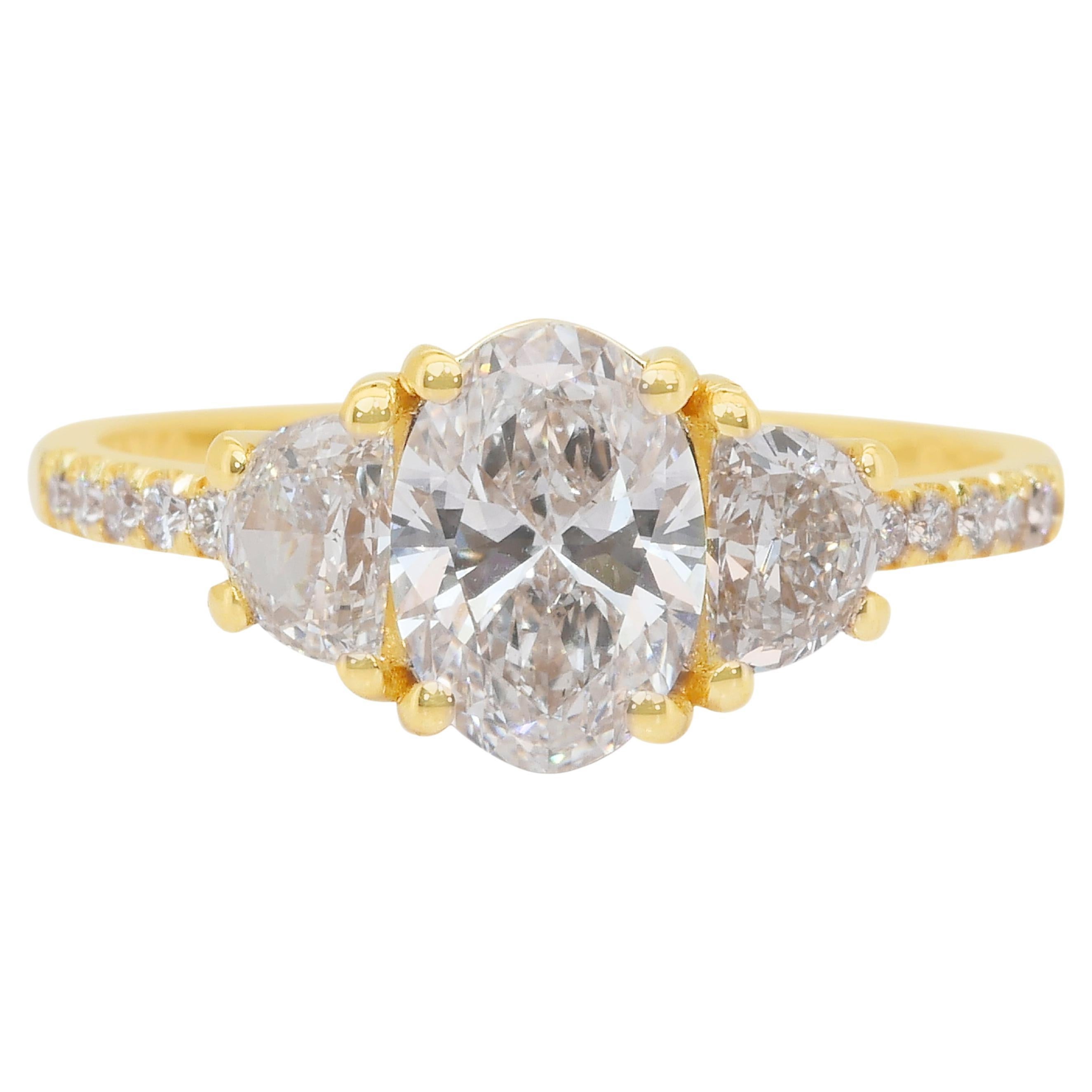 Bague 3 pierres en or jaune 18 carats avec 1,76 ct de diamants - certifié IGI