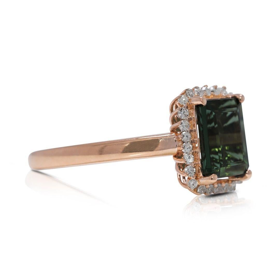 Emerald Cut Radiant 1.81ct Green Tourmaline and Natural Diamonds Ring in 18K Yellow Gold For Sale