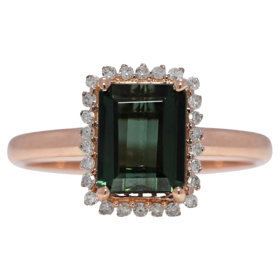 Radiant 1.81ct Green Tourmaline and Natural Diamonds Ring in 18K Yellow Gold