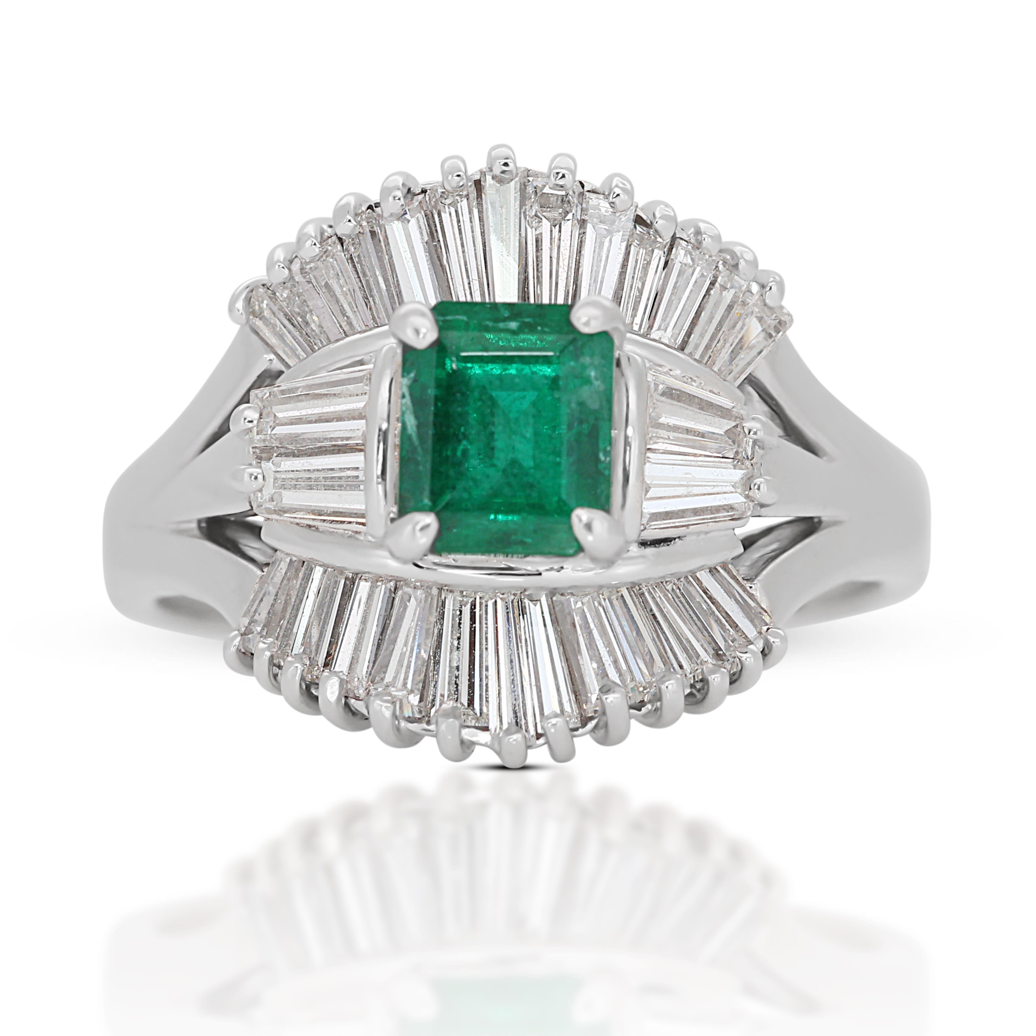 Emerald Cut Radiant 18k White Gold Emerald and Diamond Halo Ring w/2.08 ct  - IGI Certified For Sale