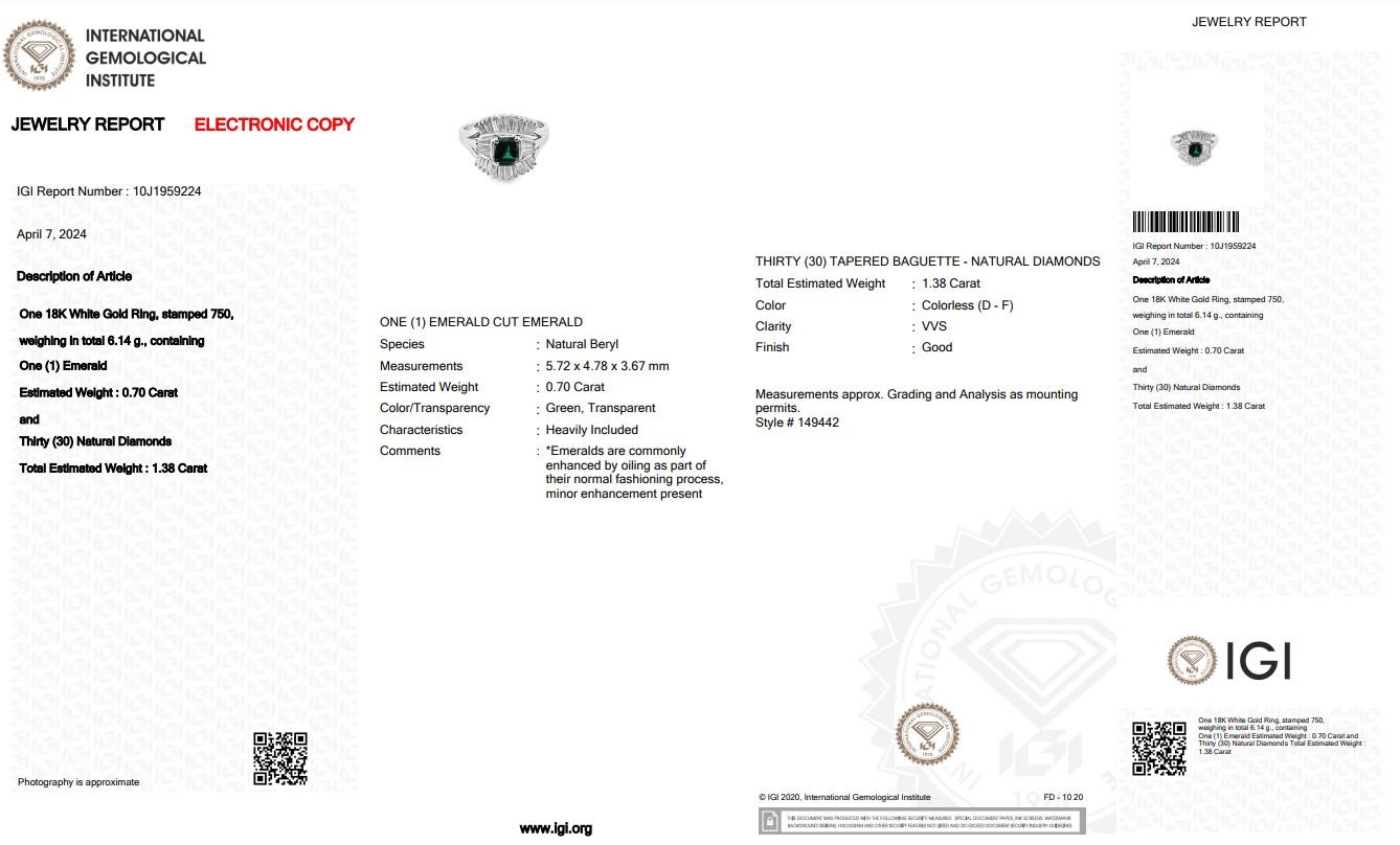 Women's Radiant 18k White Gold Emerald and Diamond Halo Ring w/2.08 ct  - IGI Certified
