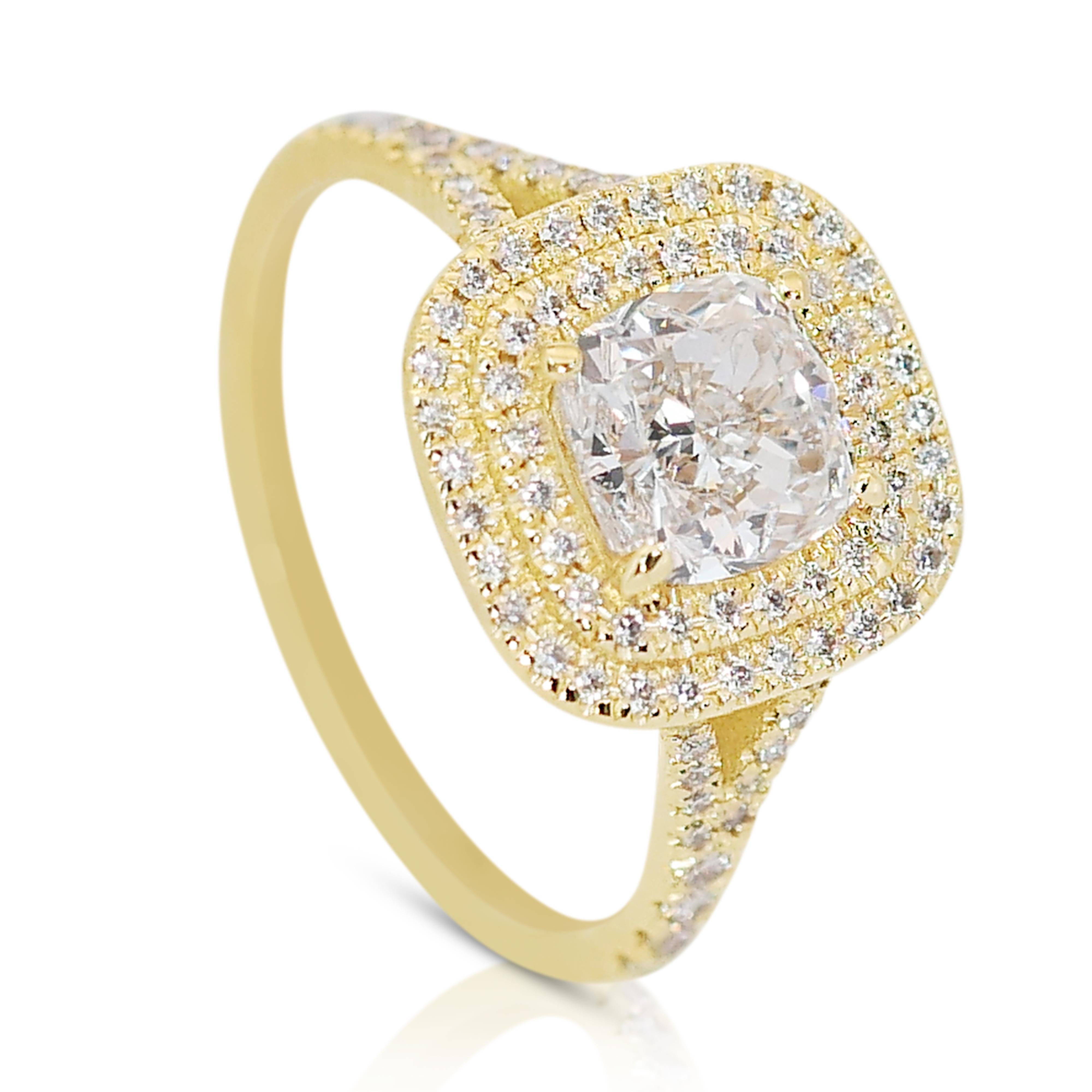 Bague double halo en or jaune 18k avec diamant coussin 1,82 ct - IGI  en vente 3