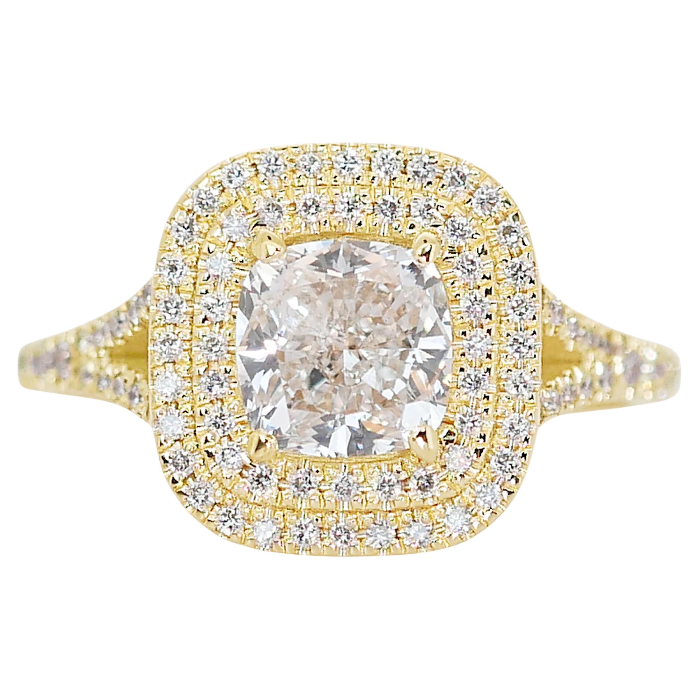 Radiant 18k Yellow Gold Cushion Diamond Double Halo Ring w/1.82 ct - IGI 