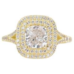 Bague double halo en or jaune 18k avec diamant coussin 1,82 ct - IGI 