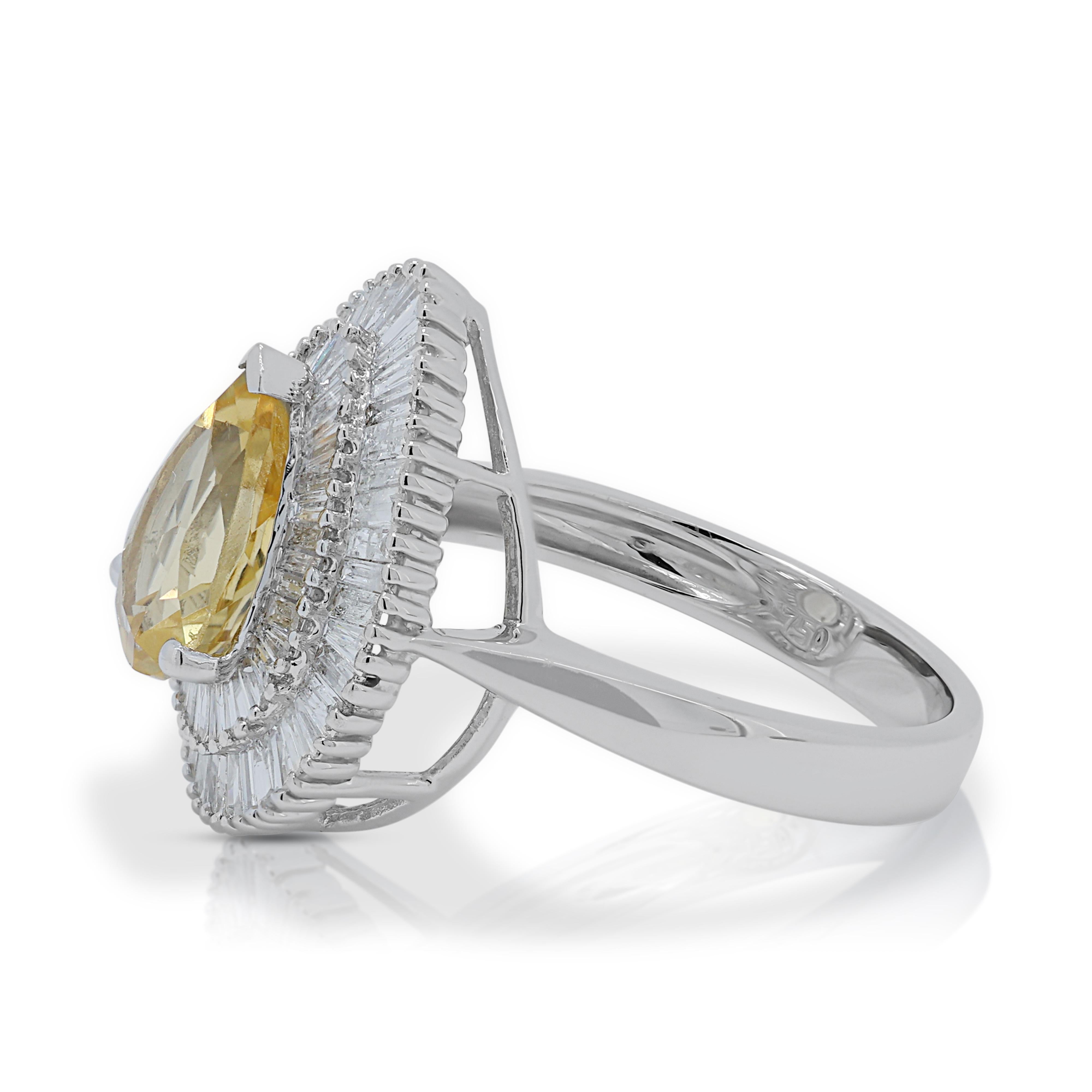 Pear Cut Radiant 1.90ct Citrine Double Halo Ring w/ Side Diamonds in 18K White Gold For Sale