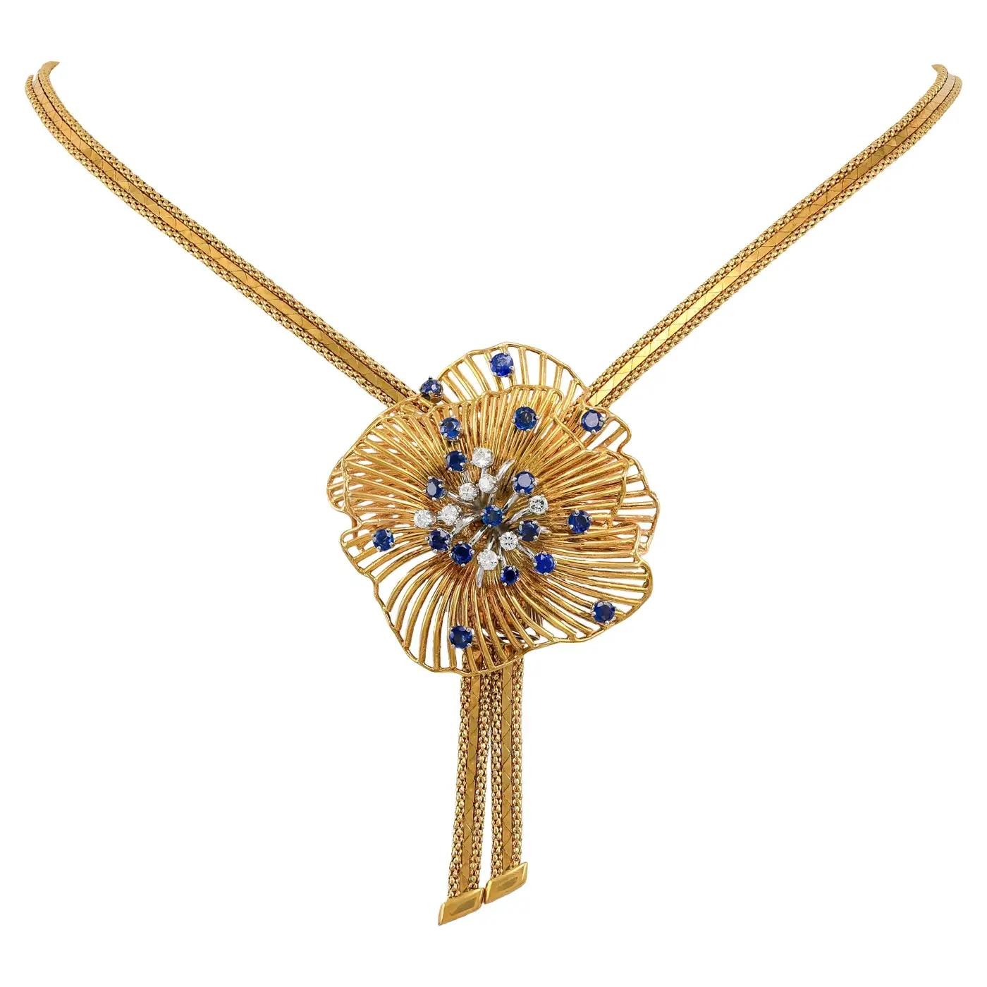 Radiante Collar Floral Starburst de los años 60 con Zafiros y Diamantes en Oro de 18k Modernista en venta