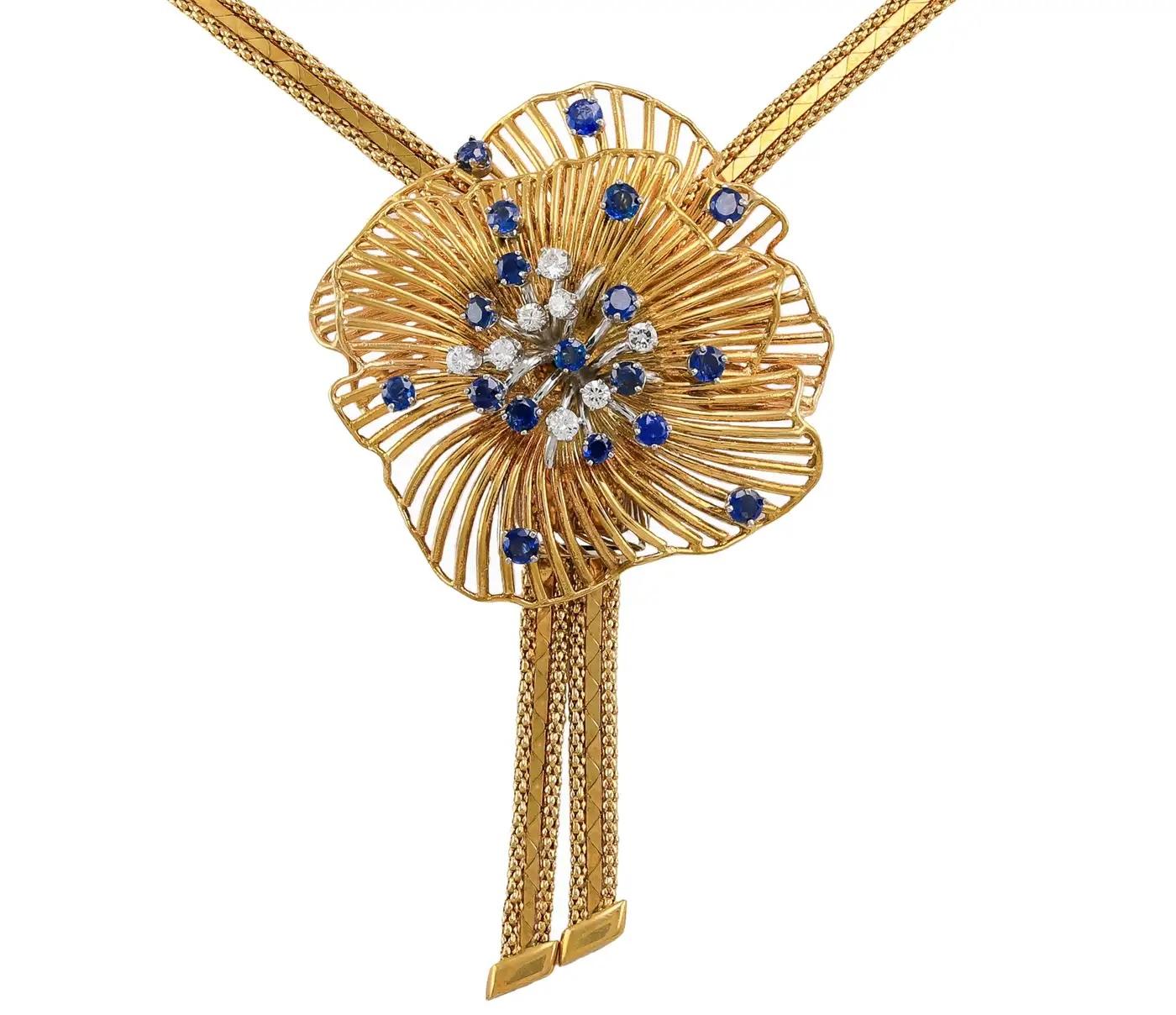 Radiante Collar Floral Starburst de los años 60 con Zafiros y Diamantes en Oro de 18k en Excelente estado para la venta en Great Neck, NY
