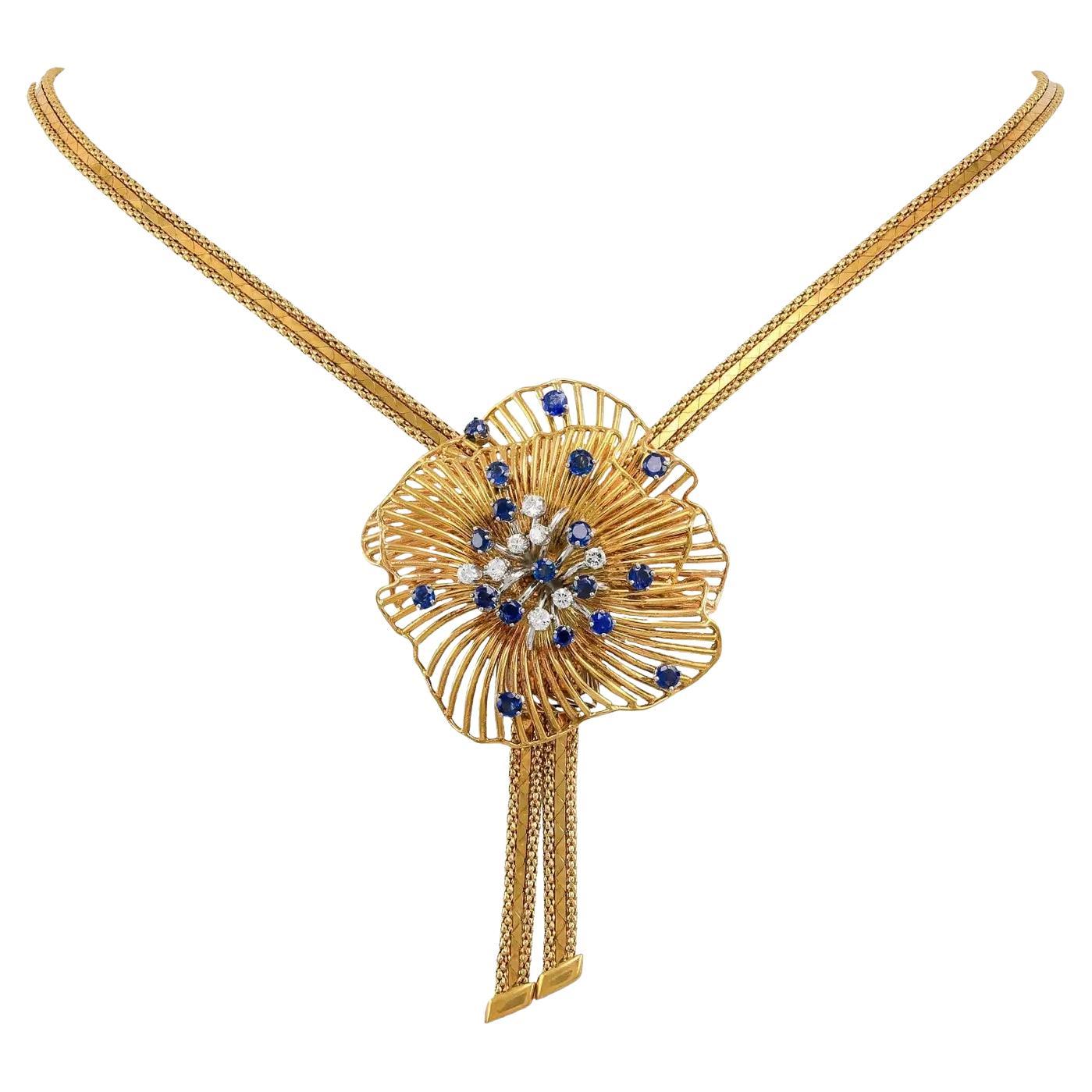 Radiante Collar Floral Starburst de los años 60 con Zafiros y Diamantes en Oro de 18k