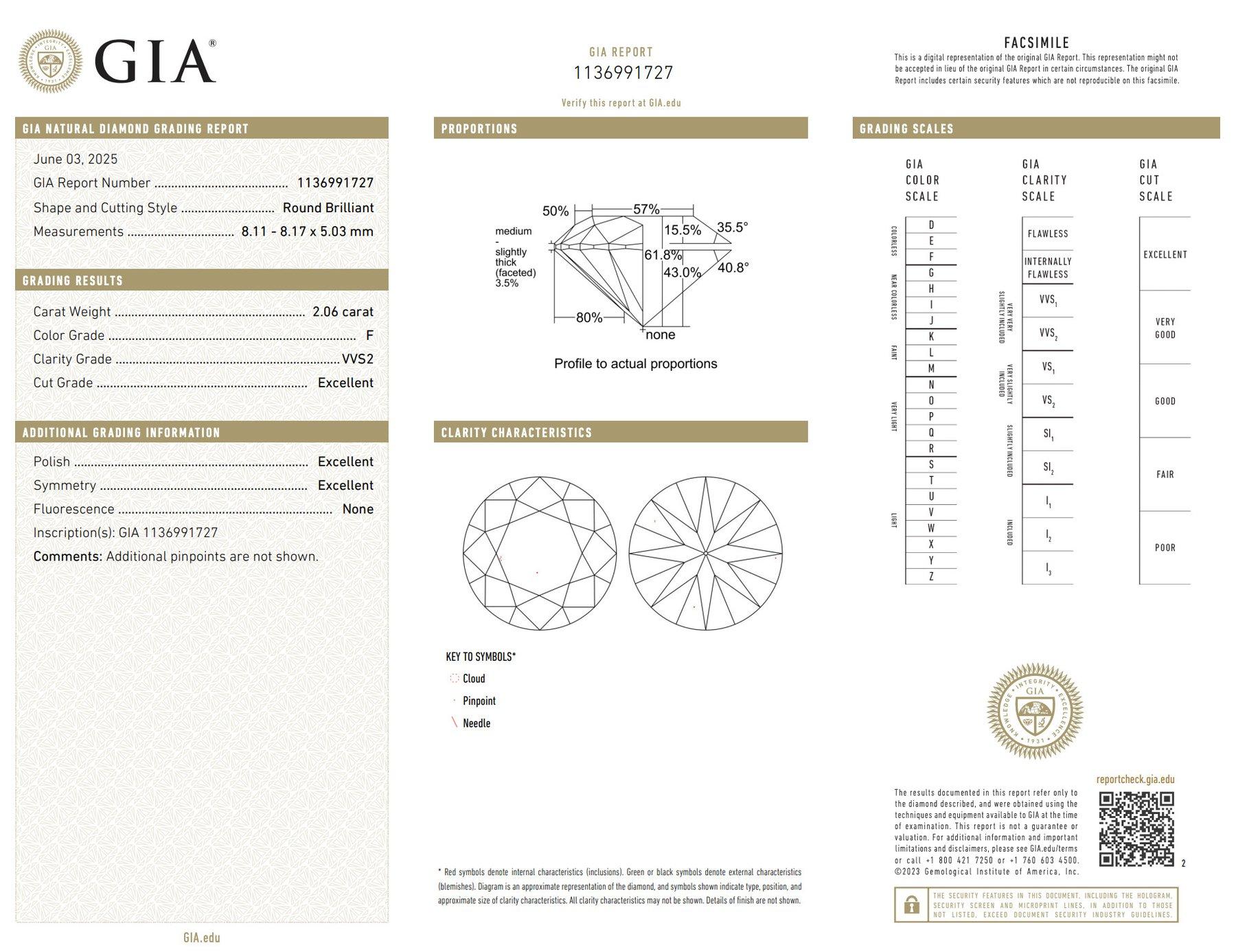 Radioso diamante a forma rotonda con taglio ideale triplo eccellente da 2.06 carati - Certificato GIA

Un diamante straordinario che definisce la brillantezza, questo diamante a taglio rotondo da 2,06 carati vanta l'ambita tripla qualità eccellente,