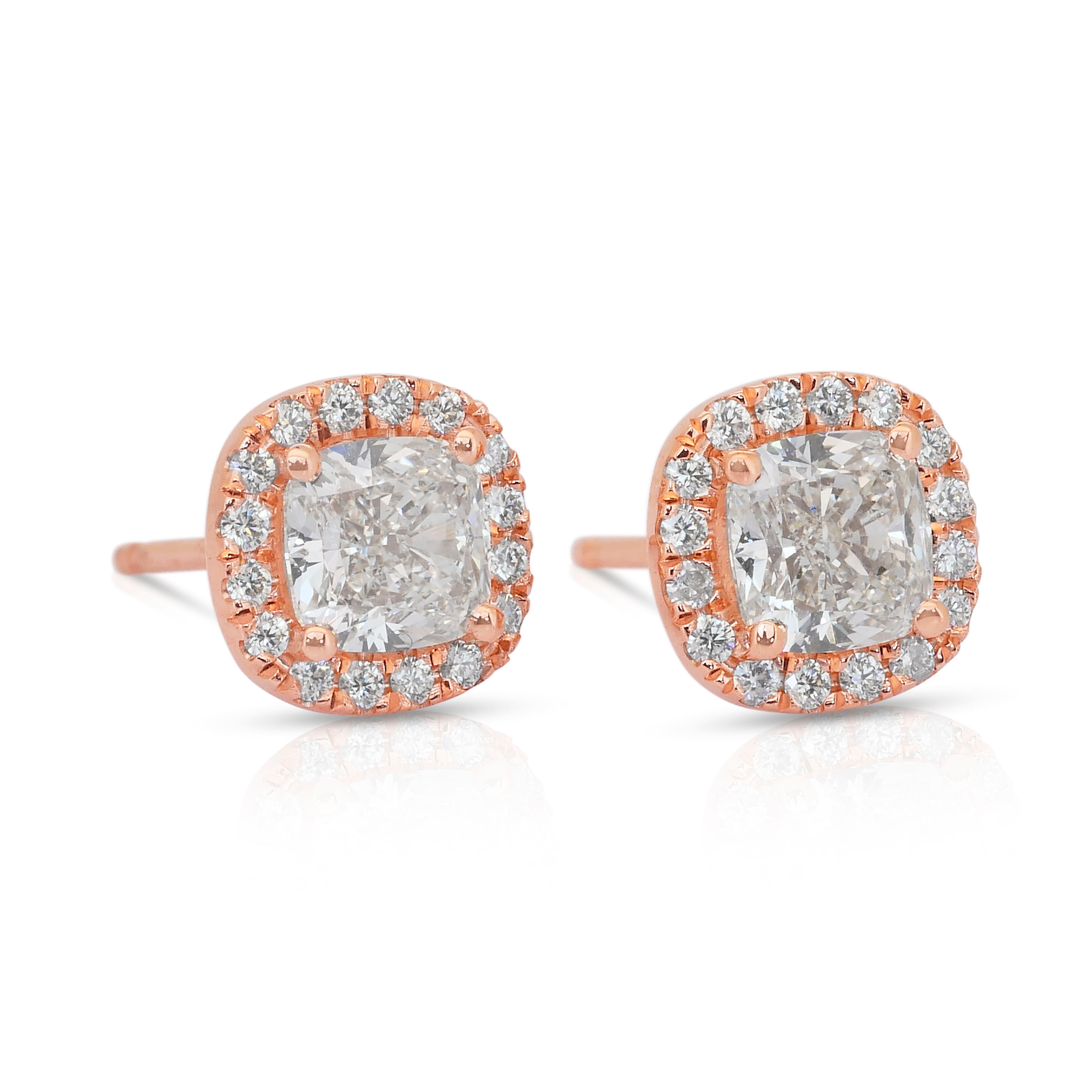 Cushion Cut Radiant 2.11ct Diamonds Stud Earrings in 18k Rose Gold - IGI Certified For Sale