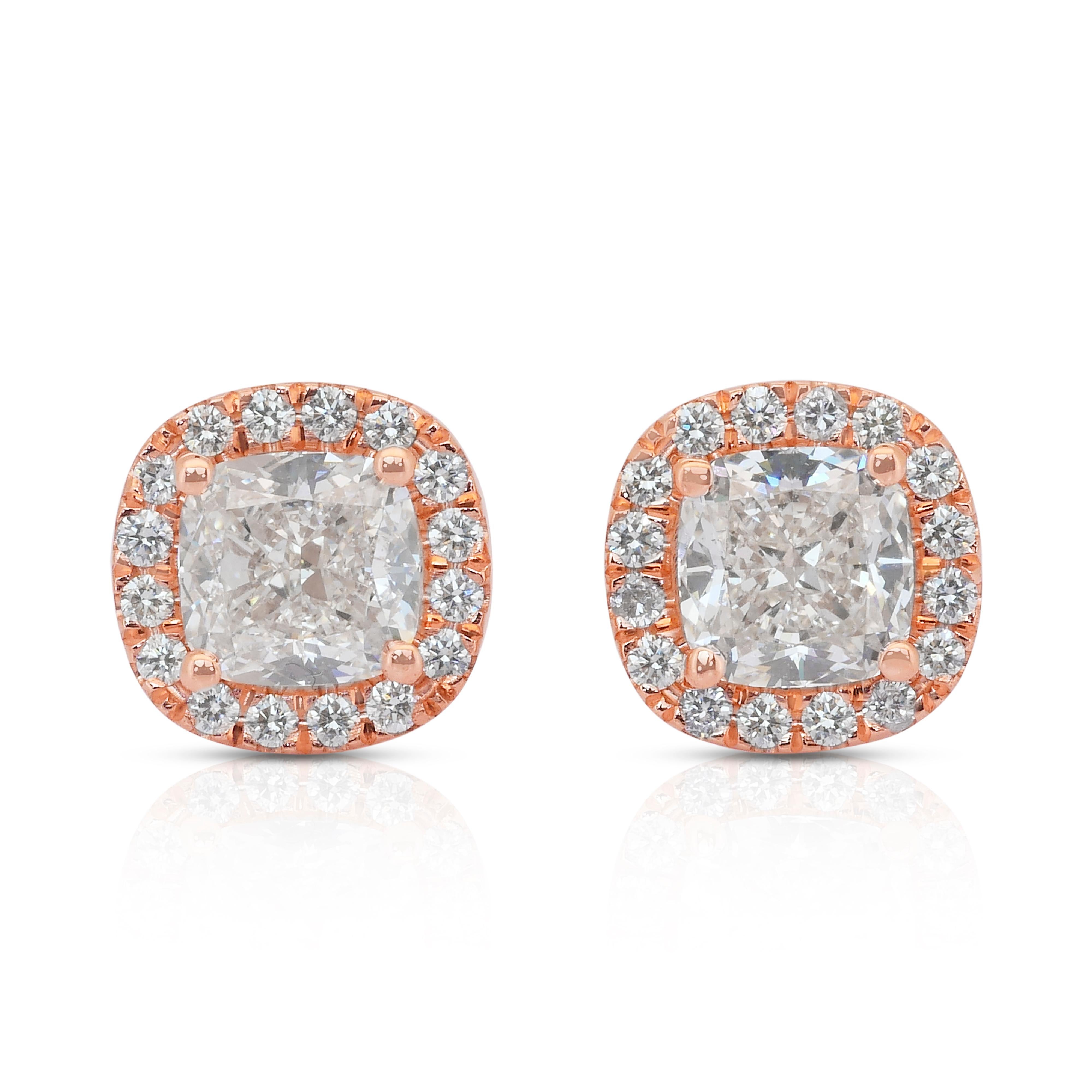 Radiant 2.11ct Diamonds Stud Earrings in 18k Rose Gold - IGI Certified For Sale