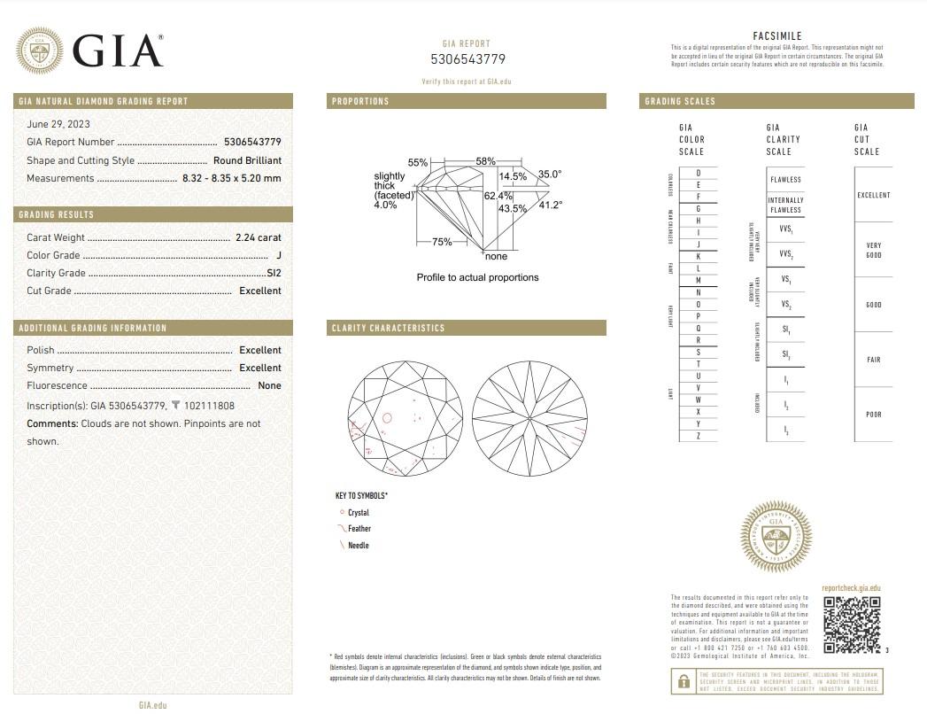 Radiant 2.24ct Triple Excellent Ideal Cut Round-Shaped Diamond - GIA Certified

Experience the pinnacle of brilliance with this magnificent 2.24-carat round diamond, a true testament to expert craftsmanship and unparalleled quality. This exquisite