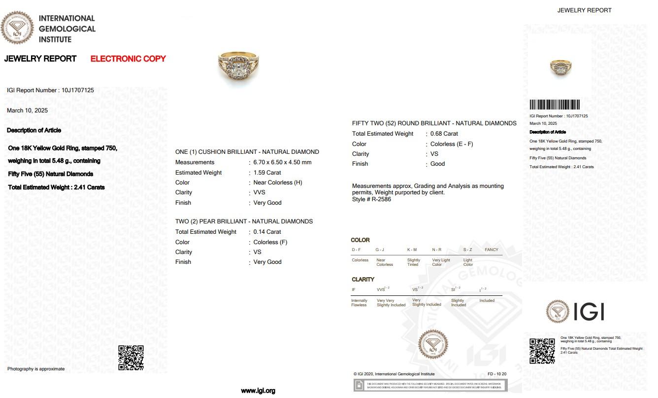 Radiant 2.41ct Diamonds Halo Ring in 18k Yellow Gold - IGI Certified For Sale 1