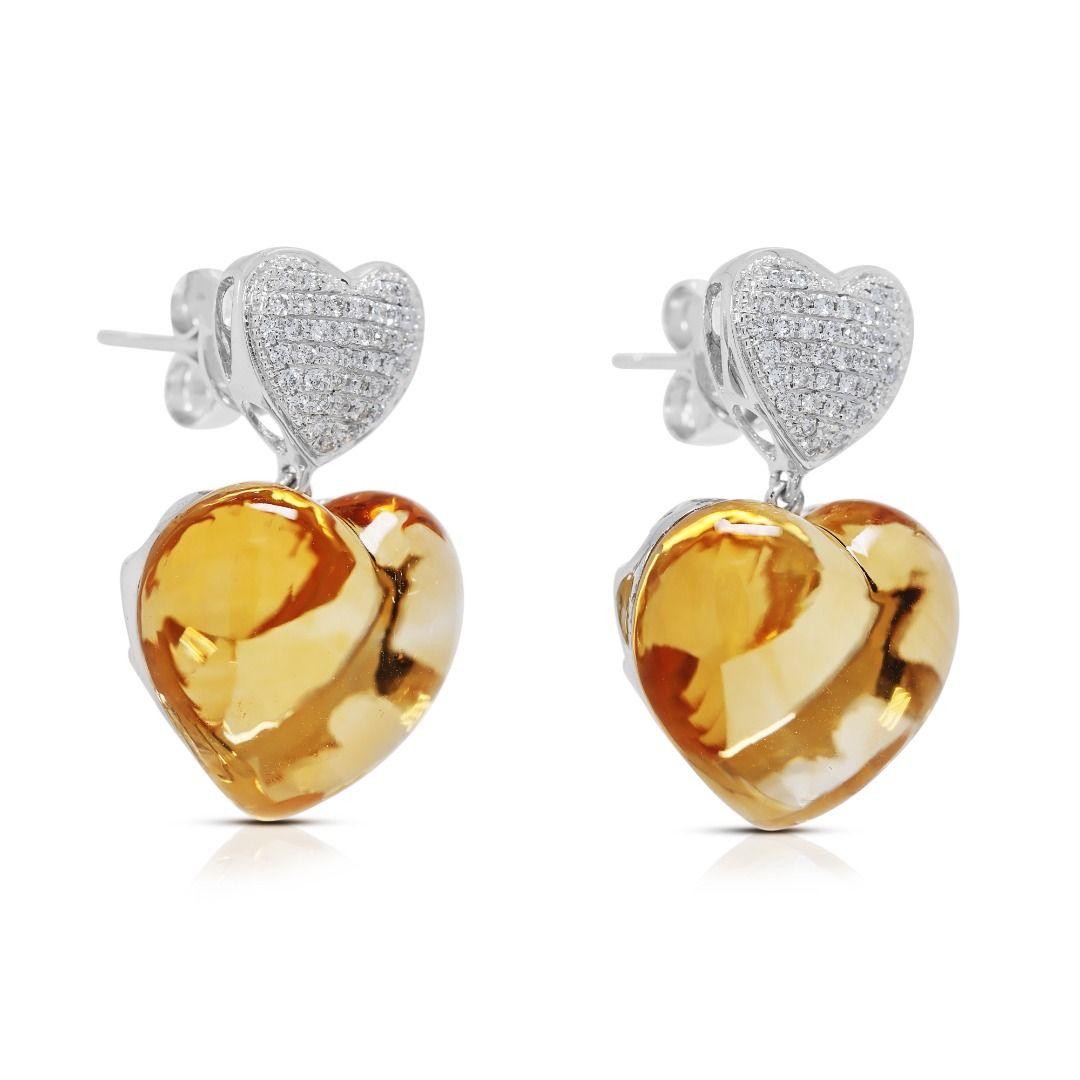 Taille ronde Radiant 26.16ct Citrine & Natural Diamond Earrings in 18K White Gold en vente