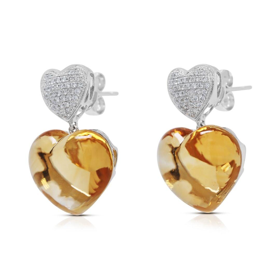 Radiant 26.16ct Citrine & Natural Diamond Earrings in 18K White Gold Excellent état - En vente à רמת גן, IL