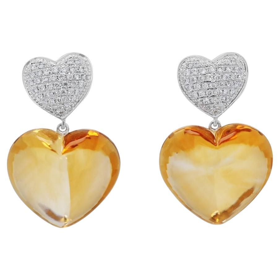 Radiant 26.16ct Citrine & Natural Diamond Earrings in 18K White Gold