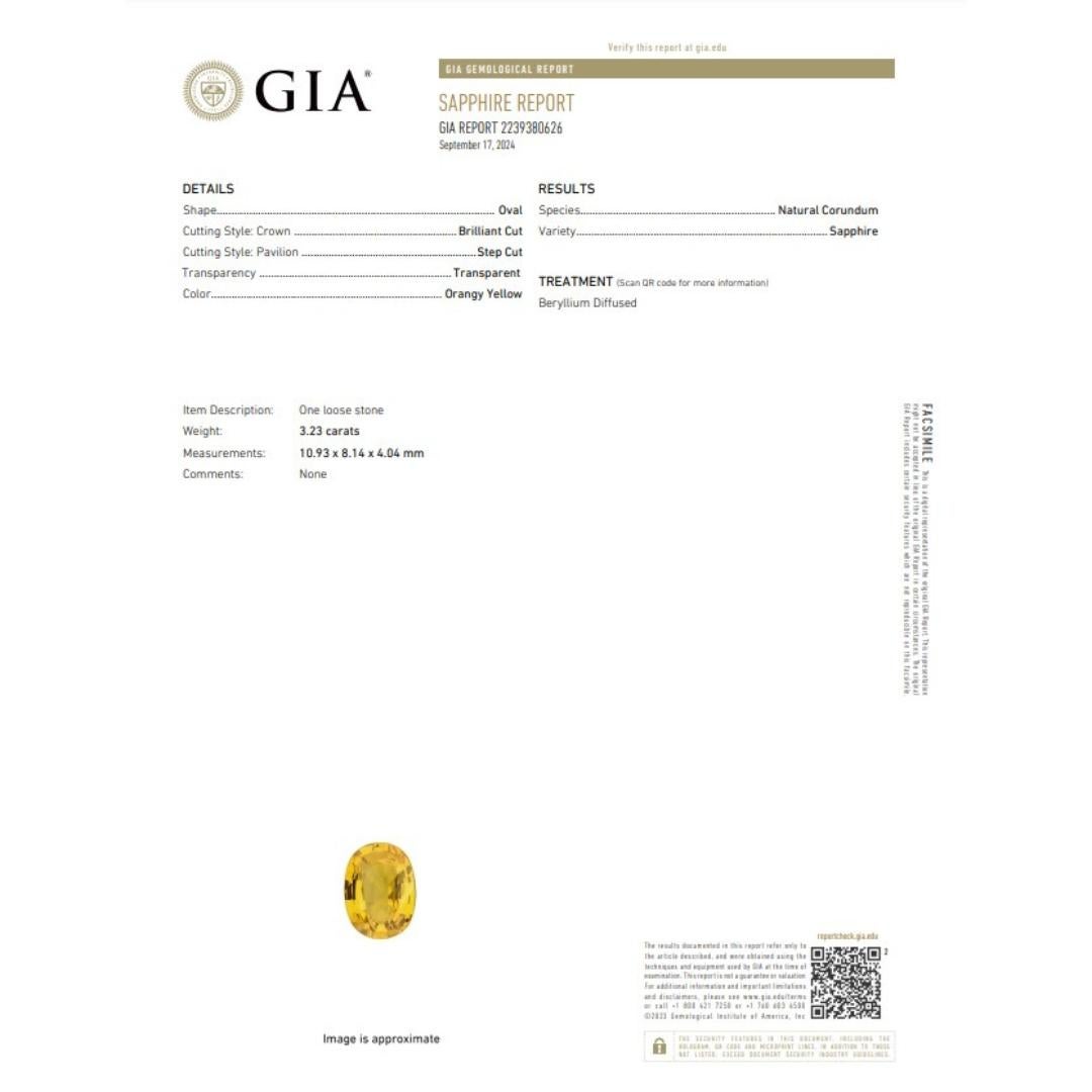 This remarkable 3.23-carat oval-cut sapphire radiates a vibrant orangy-yellow hue, making it a unique and eye-catching gemstone. Its bright color and elegant oval shape ensure it stands out as the perfect centerpiece for a custom jewelry piece.