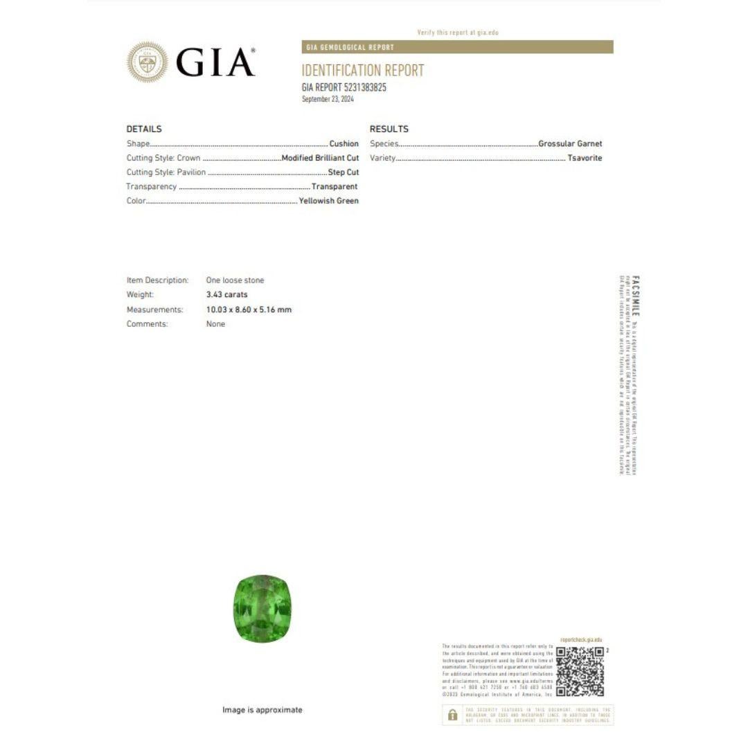Radiant 3.43ct Garnet Gemstone - GIA Certified

This vibrant 3.43-carat cushion-shaped garnet dazzles with its brilliant yellowish-green hue, offering a fresh and captivating aesthetic. This gemstone combines rarity with striking color and is ideal