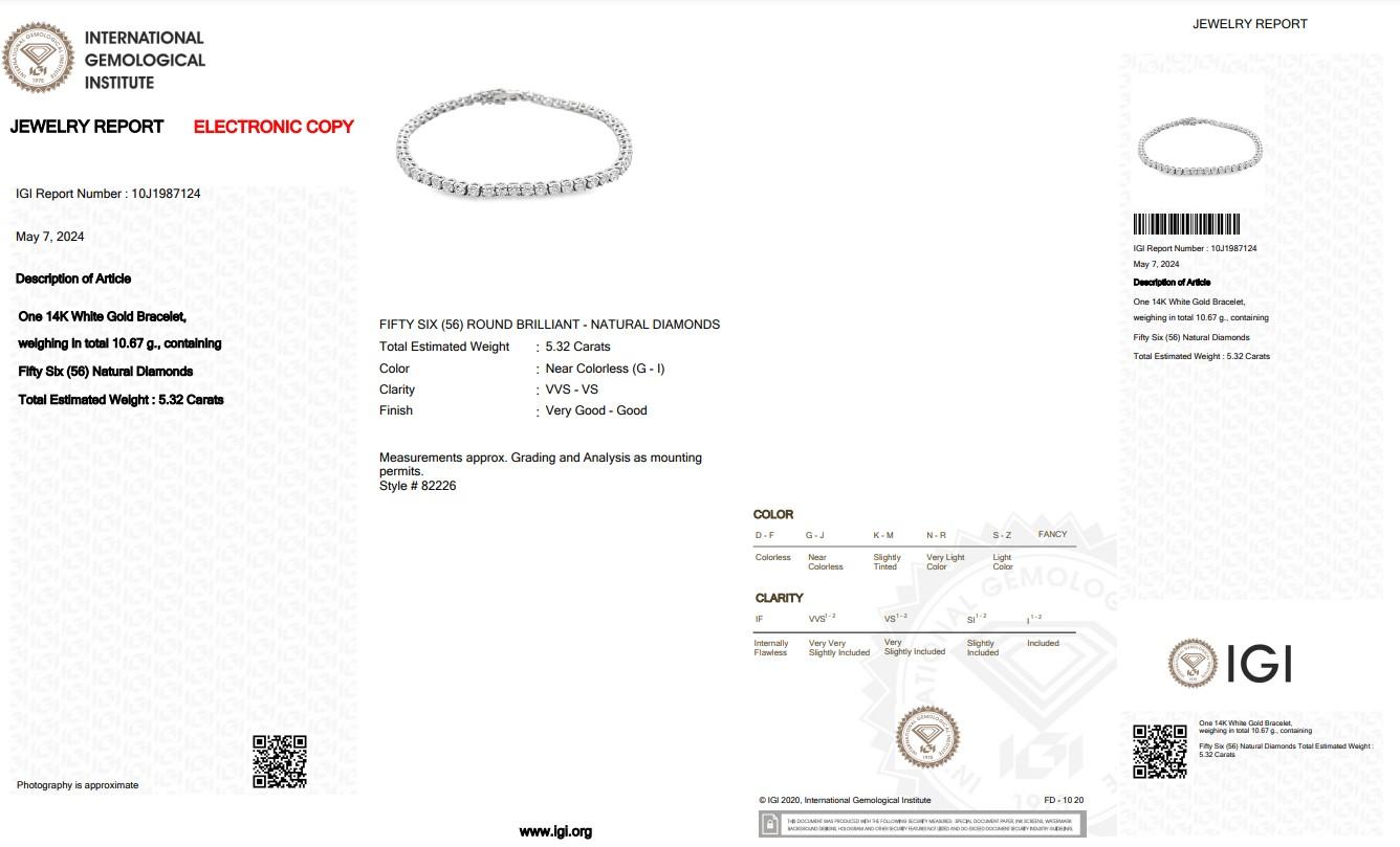 Bracelet tennis radiant en or blanc 14 carats et diamants 5,32 carats certifiés IGI Pour femmes en vente