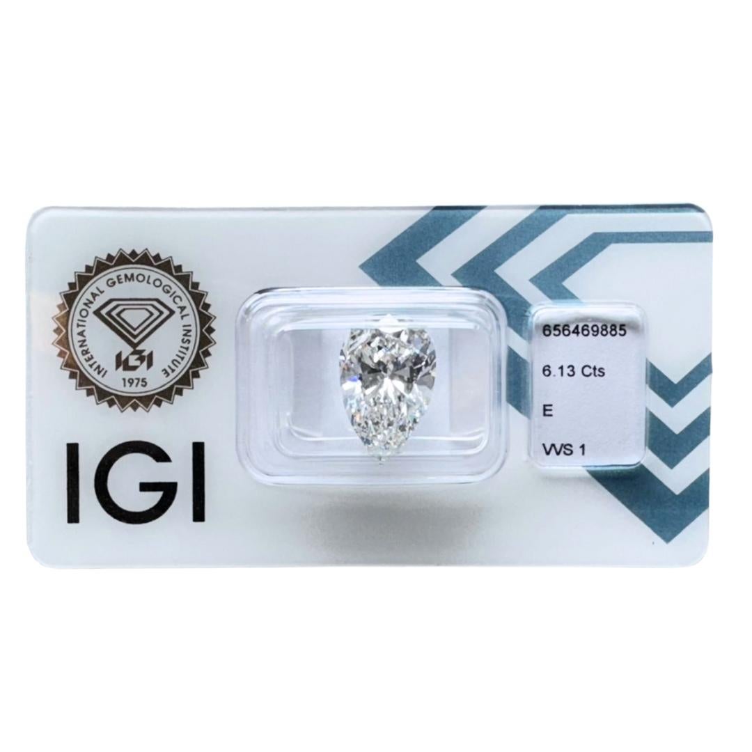 Radiant 6,13 Karat birnenförmiger natürlicher Diamant - IGI-zertifiziert

Erleben Sie die unvergleichliche Brillanz dieses bemerkenswerten 6,13-karätigen birnenförmigen Diamanten, der ein Zeugnis von Raffinesse und Eleganz ist. Dieser