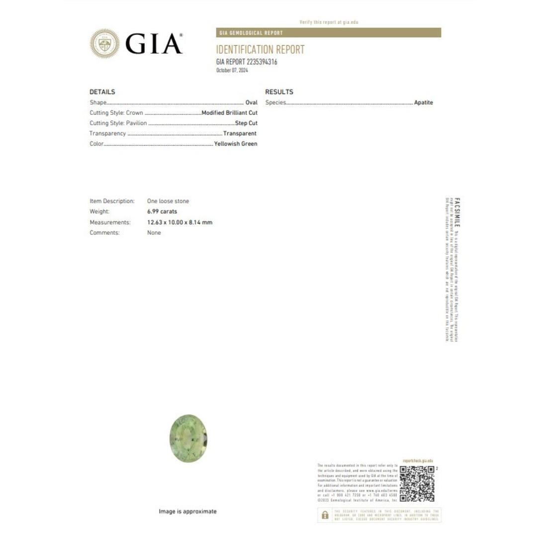 Radiant 6.99ct Apatite Gemstone - GIA Certified

This vibrant 6.99-carat oval apatite displays a captivating yellowish-green hue. Its eye-catching color and elegant shape make it a versatile gemstone suitable for various jewelry styles. The GIA