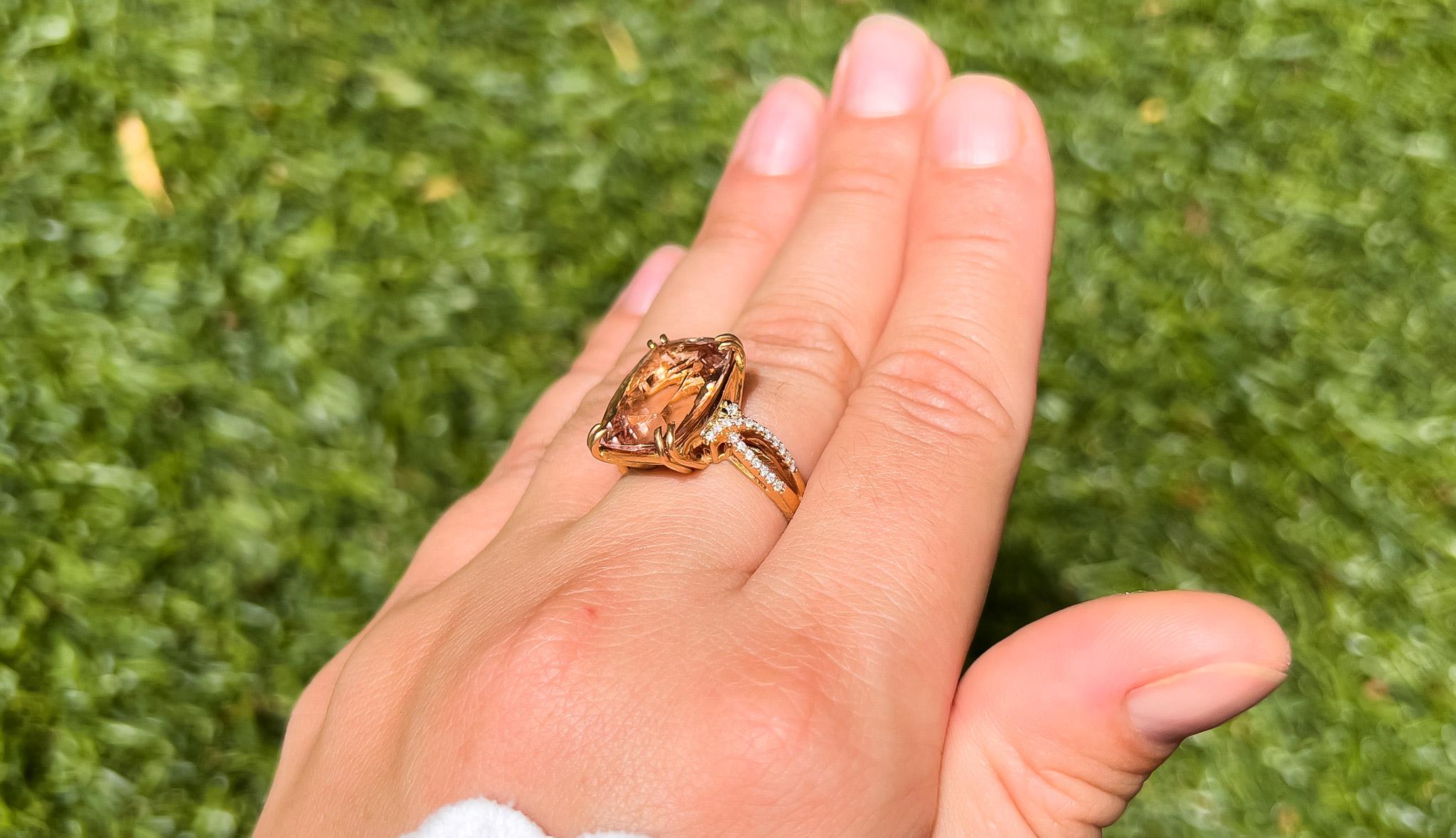 Taille radiant Bague radieuse en or rose 14 carats avec morganite de 8,75 carats et diamants en vente