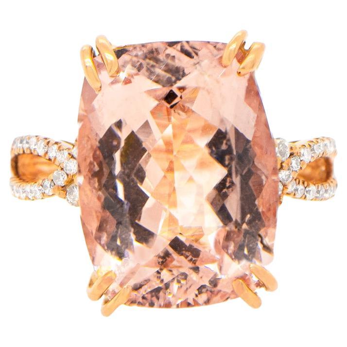 Radiant 8.75 Carat Morganite Ring with Diamonds 14K Rose Gold For Sale