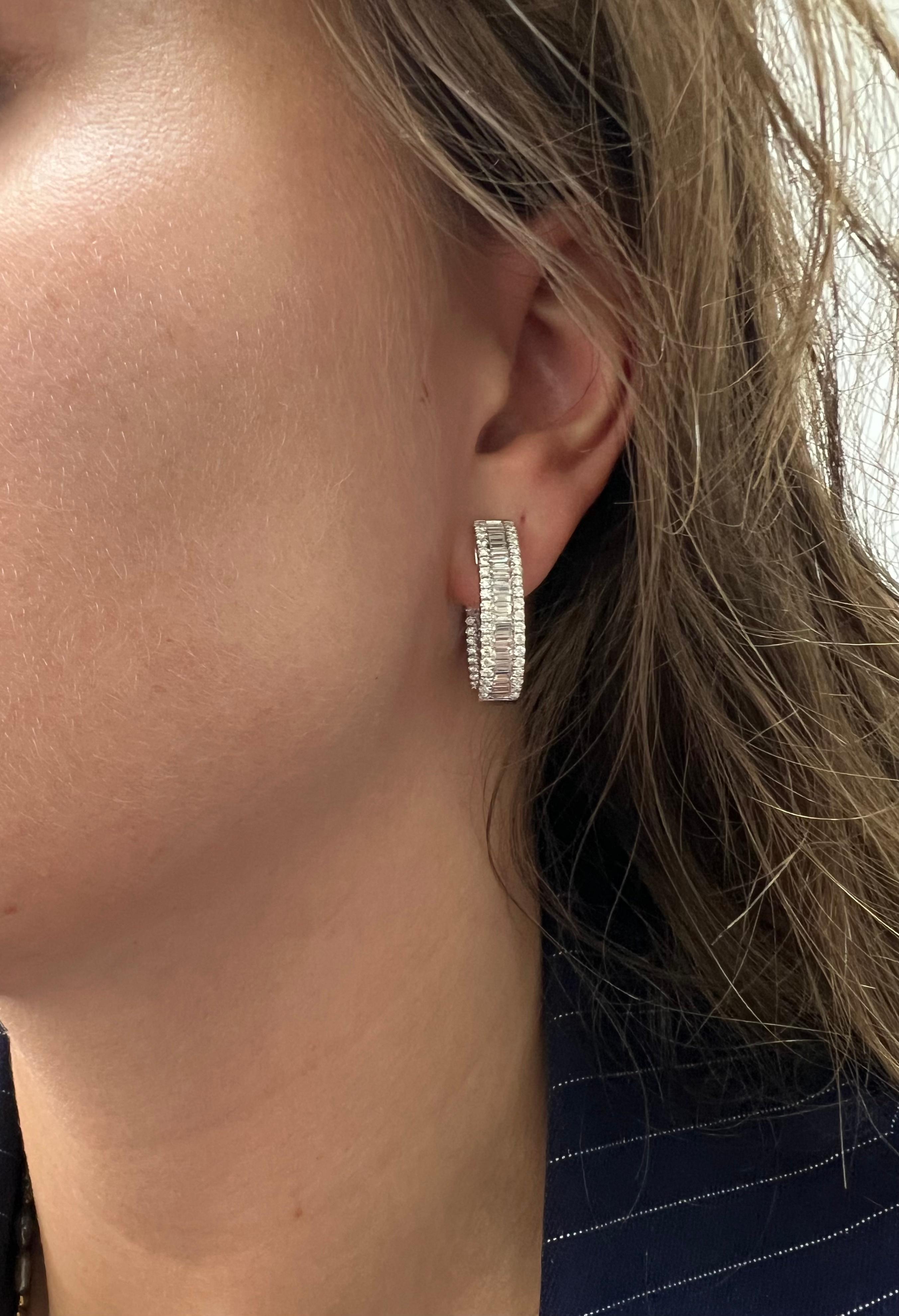 Baguette Cut Radiant Allure: 3ct Natural Diamond Inside Outside Hoops Earrings in White Gold For Sale