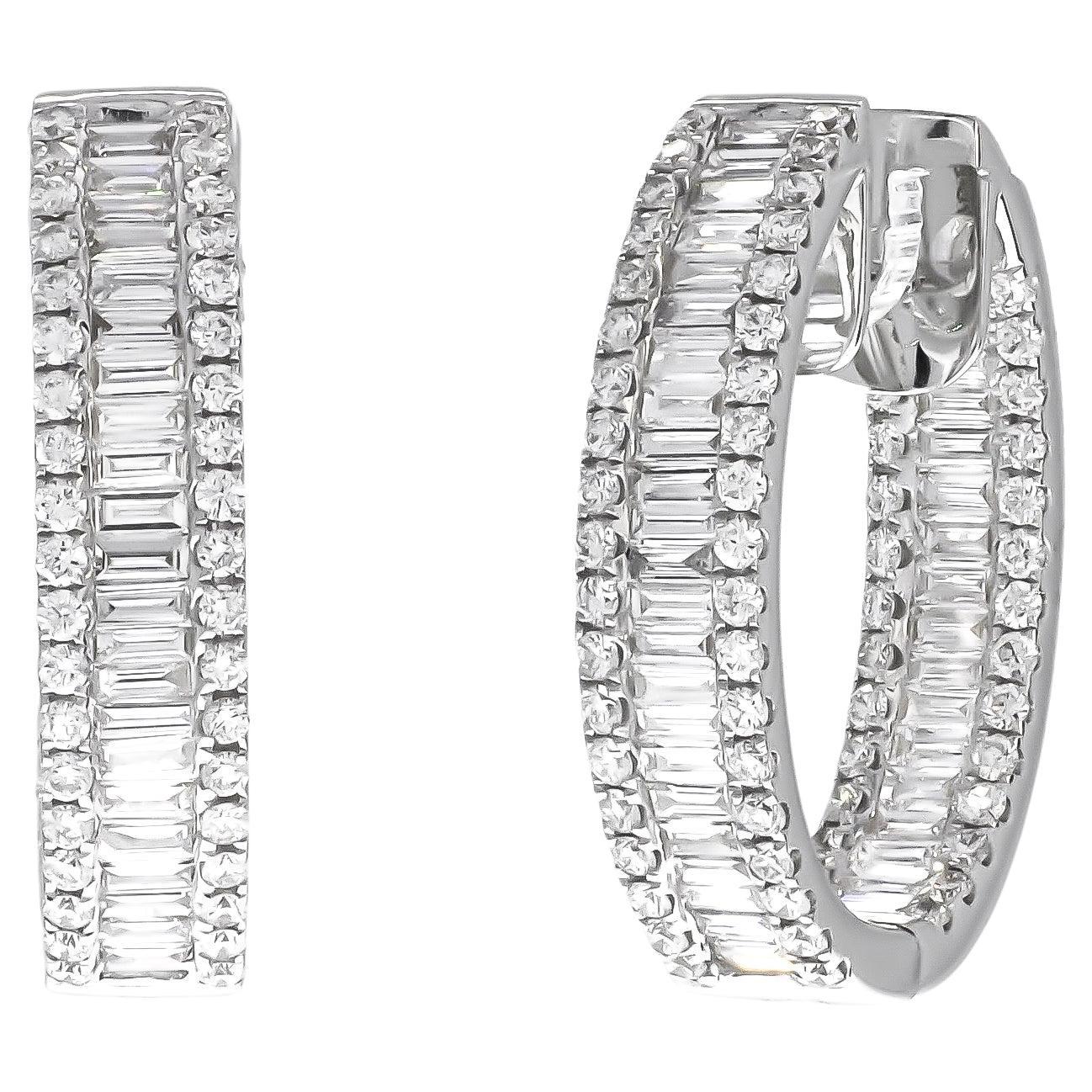 Natural Diamond 3.75 carats 18KT White Gold Baguette 'In and Out' Hoop Earrings 