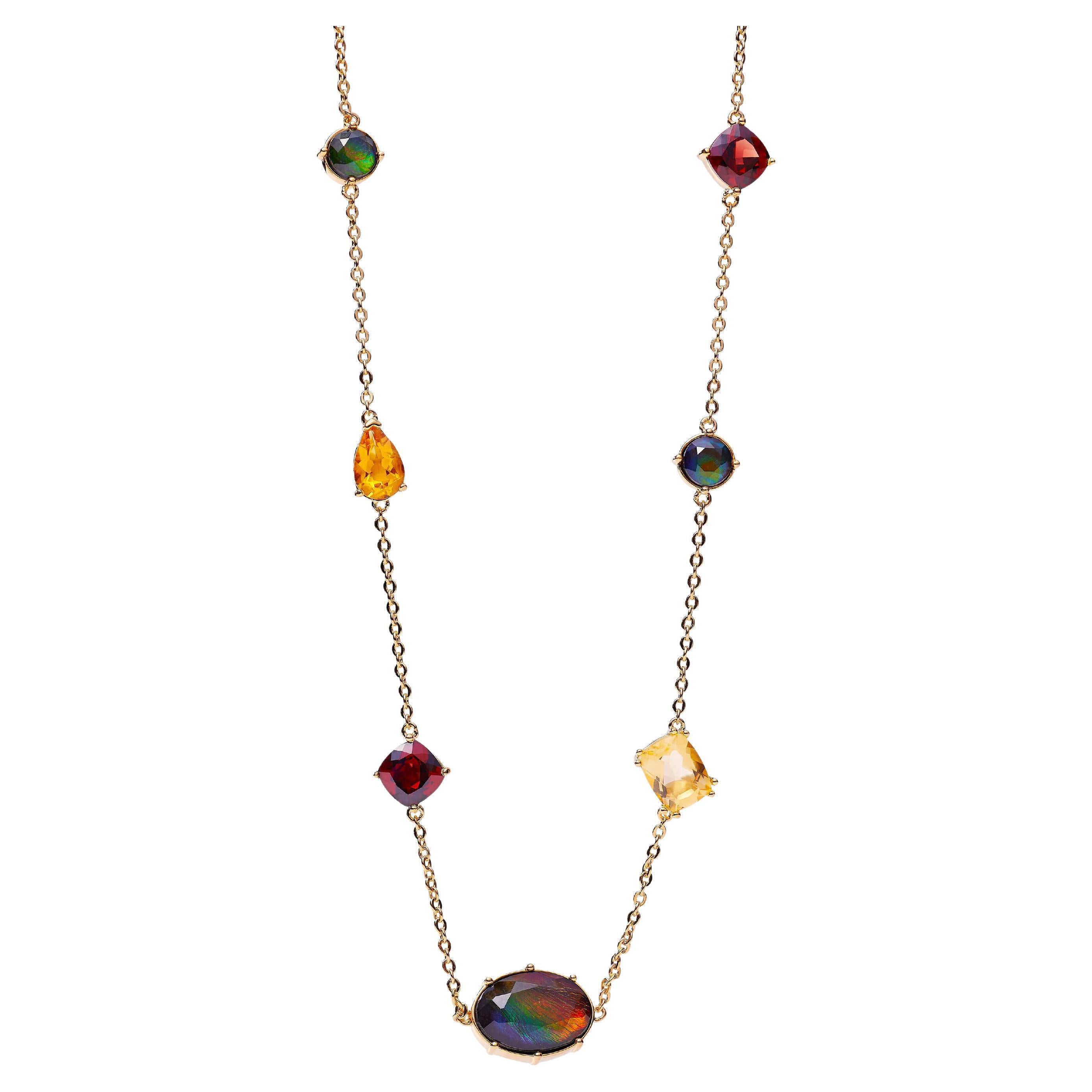 Radiant Ammolite Station Necklace with Garnet and Citrine, 18k Gold Vermeil, AA For Sale