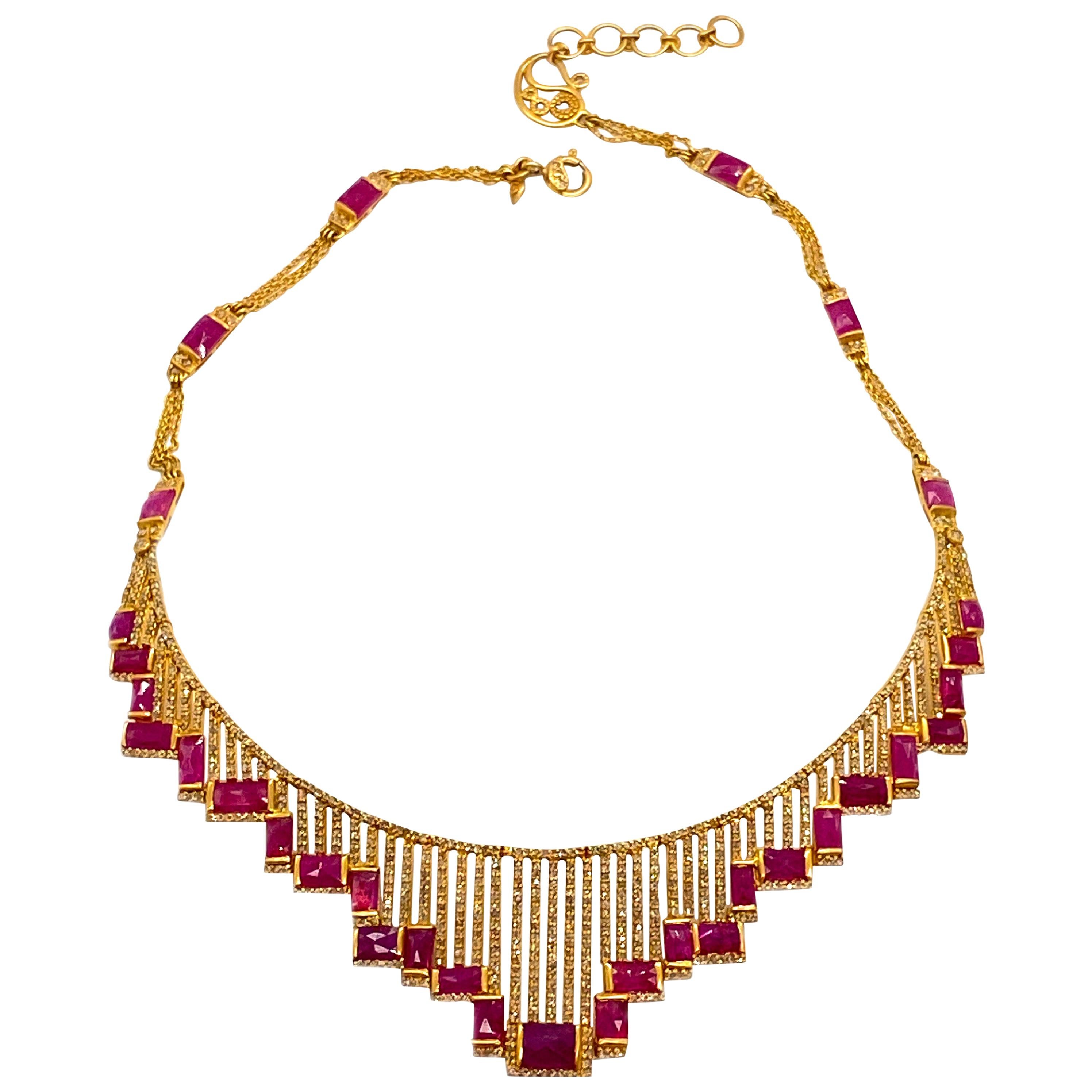Radiant Art Deco Style Mosaic 20 Karat Yellow Gold Ruby Coomi Necklace For Sale