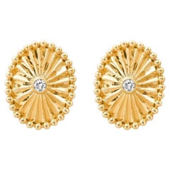 Radiant Beaded 14K Yellow Gold Oval Diamond Stud Earrings