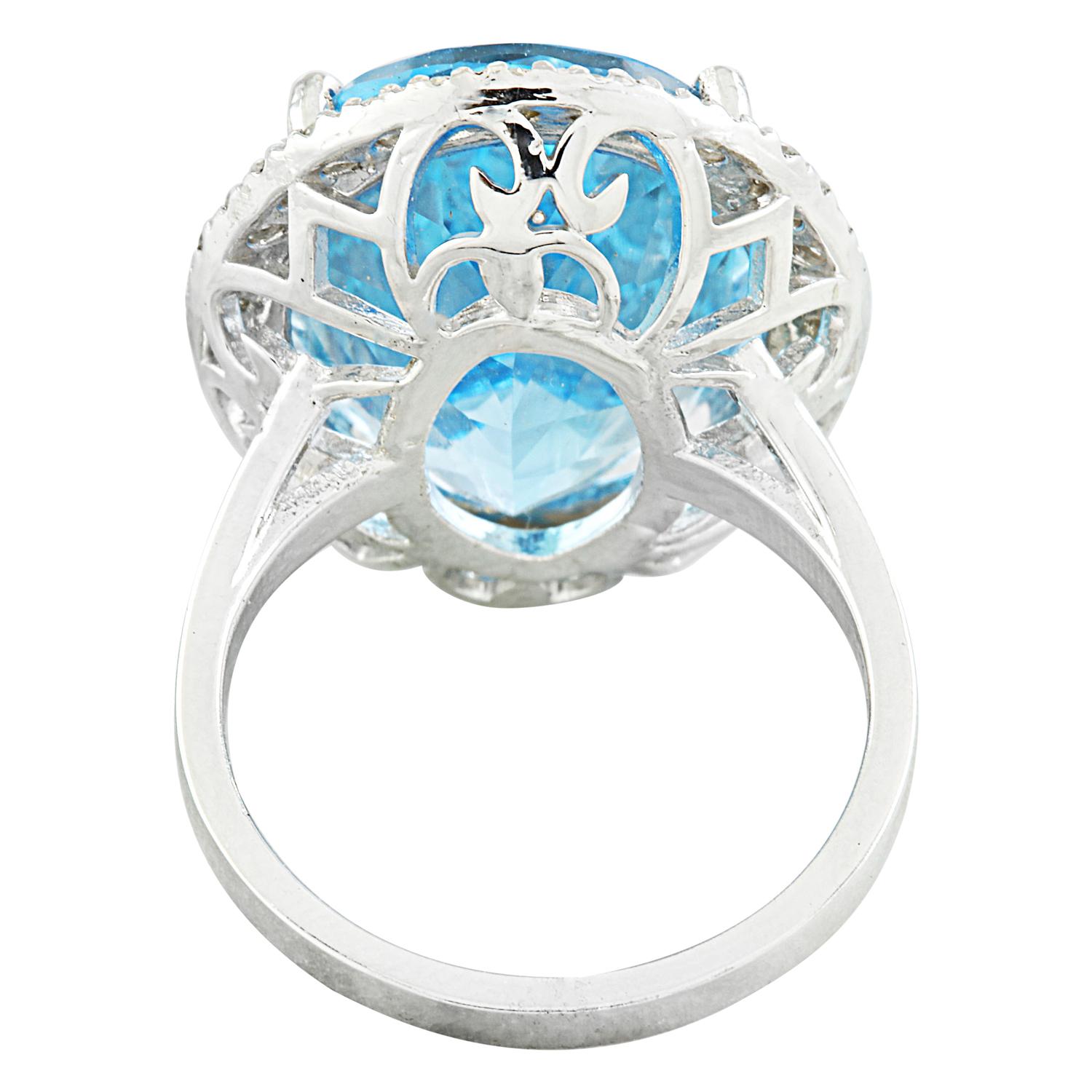 Modern Radiant Blue Sparkle: Swiss Blue Topaz Diamond Ring in 14K Solid White Gold For Sale