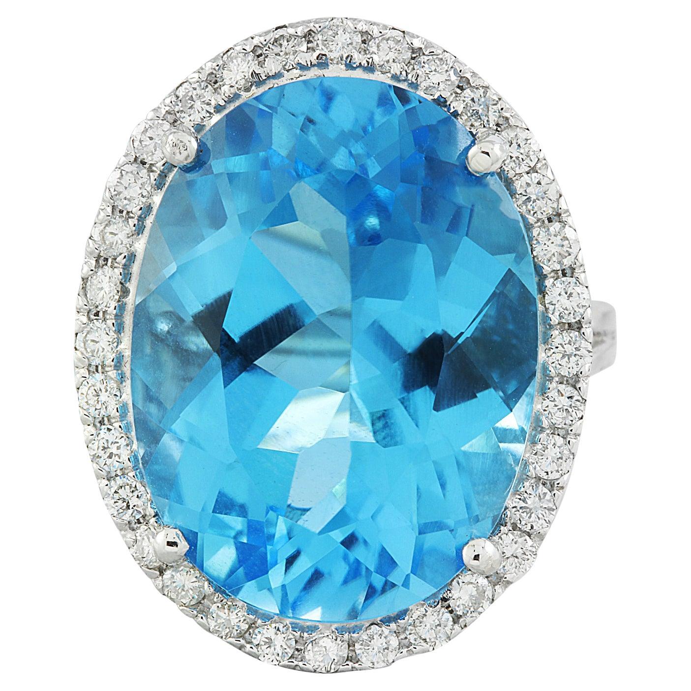 Radiant Blue Sparkle: Swiss Blue Topaz Diamond Ring in 14K Solid White Gold For Sale