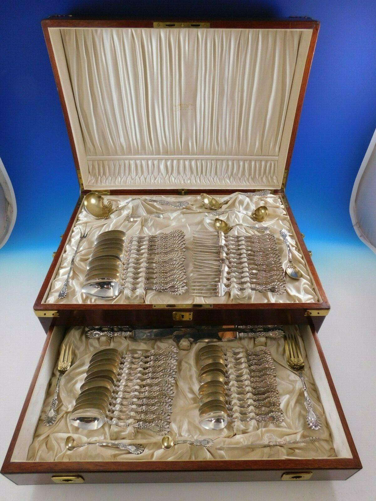 Incredible radiant by Whiting sterling silver flatware set in vintage storage chest, 73 pieces. This monumental set includes:

12 dinner knives, 9 1/2