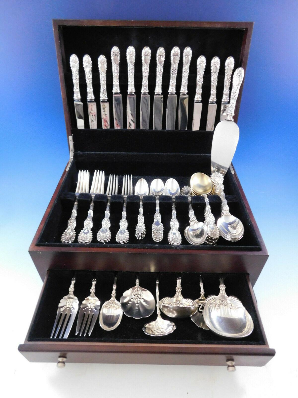 Superb radiant by Whiting sterling silver flatware set - 63 pieces. This scarce pattern was introduced by Whiting in the year 1895. This set includes:

6 knives, 8 7/8