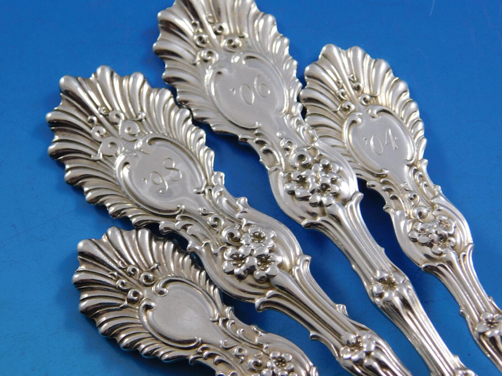 Rare Radiant by Whiting Sterling Silver Flatware set - 63 pieces (including 12 Celluloid handle Knives). This set includes:

12 Dinner Knives, with celluloid and inlaid shell handles, 9 1/2