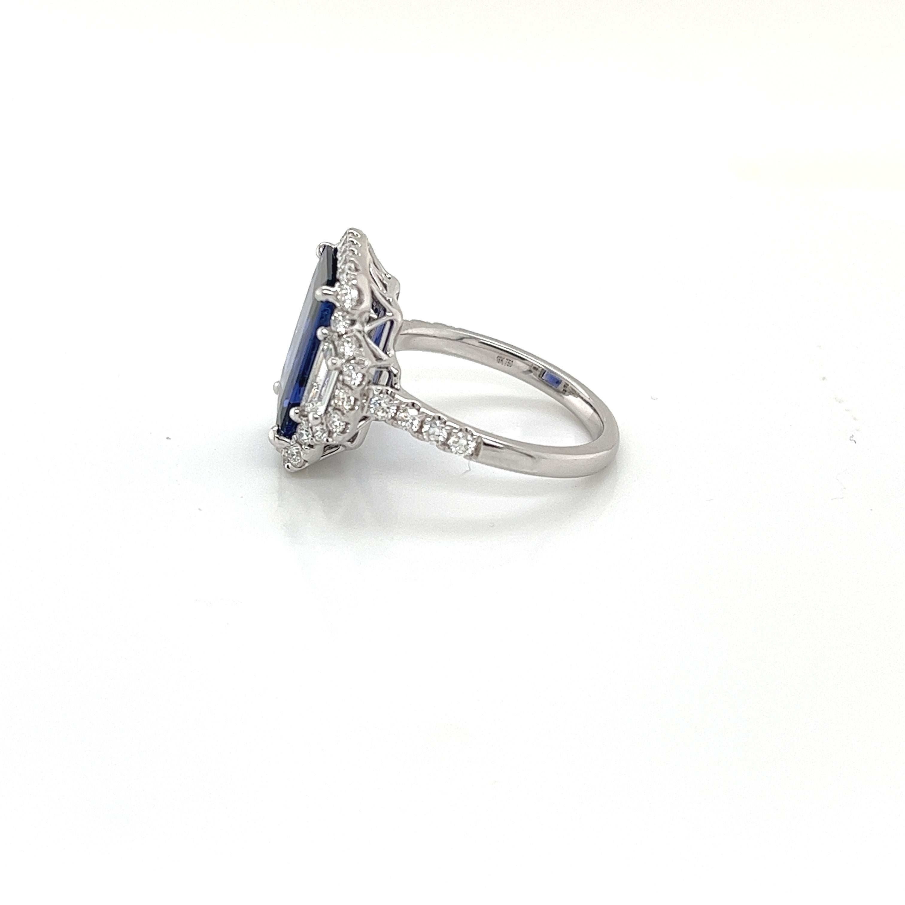 Modern Radiant Ceylon Sapphire & Diamond Ring in 18 Karat White Gold