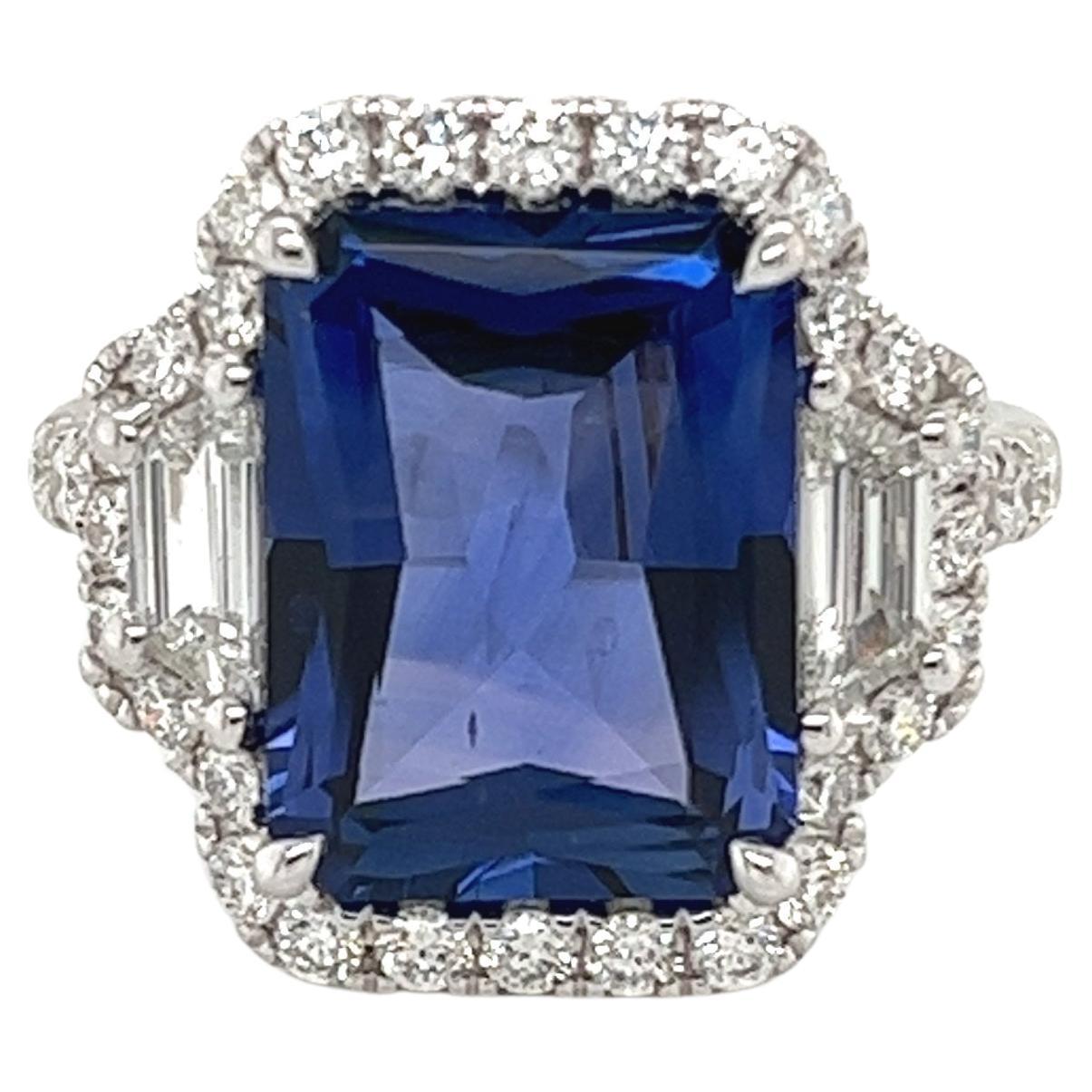 Radiant Ceylon Sapphire & Diamond Ring in 18 Karat White Gold