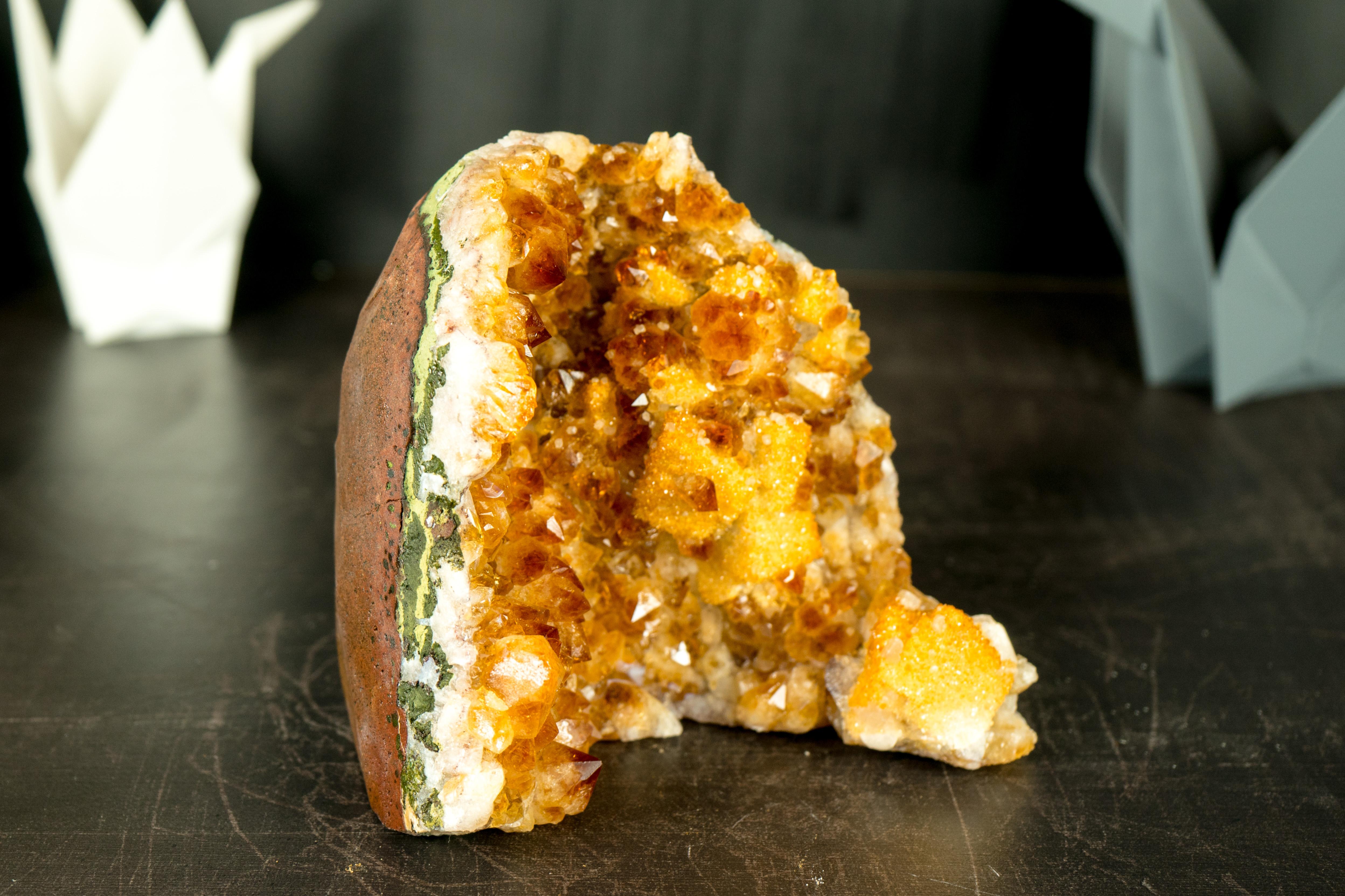 Contemporary Radiant Citrine Cluster with Madeira Citrine Druzy and Galaxy Druzy on Calcite For Sale