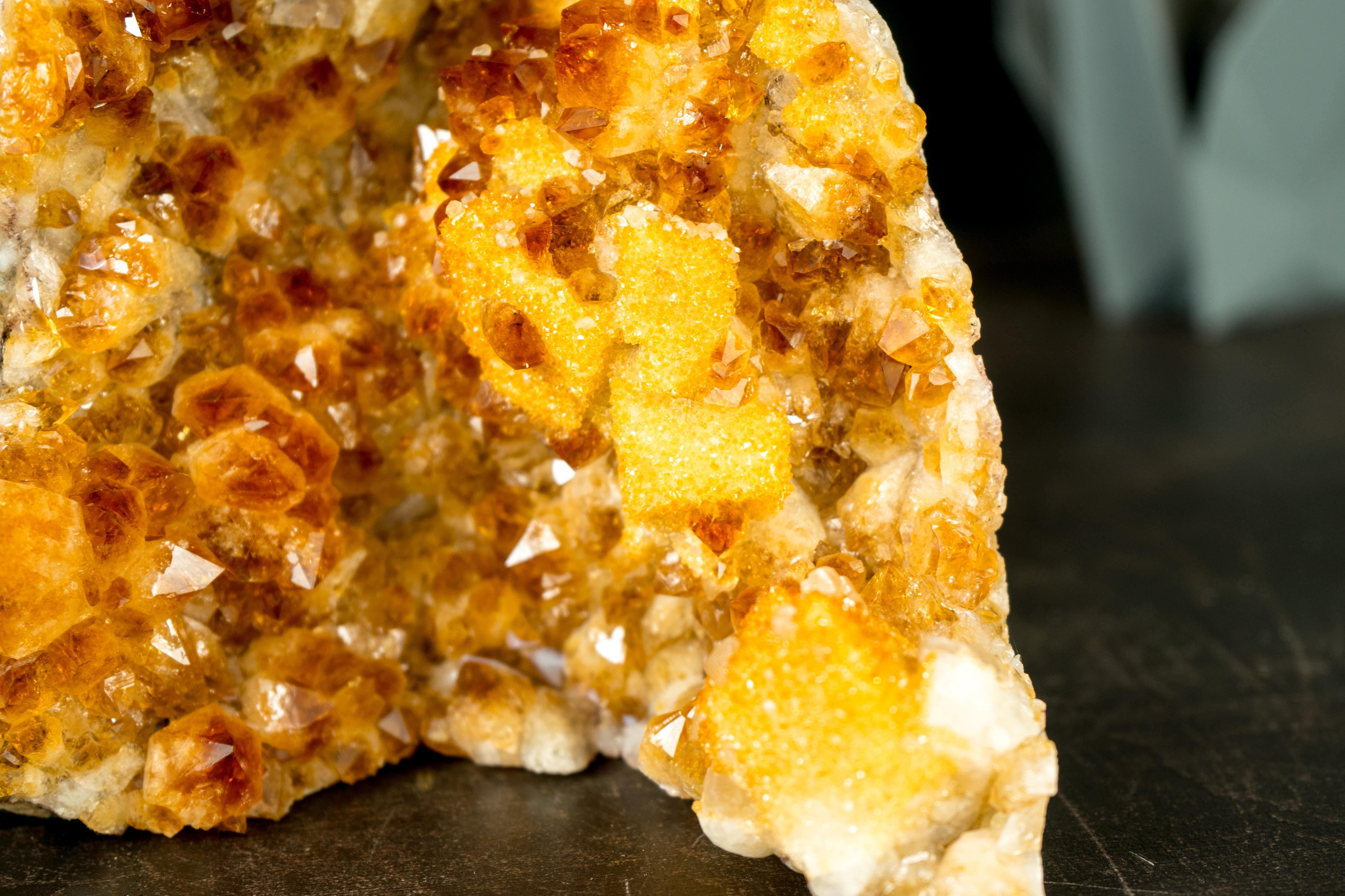 Radiant Citrine Cluster with Madeira Citrine Druzy and Galaxy Druzy on Calcite For Sale 1