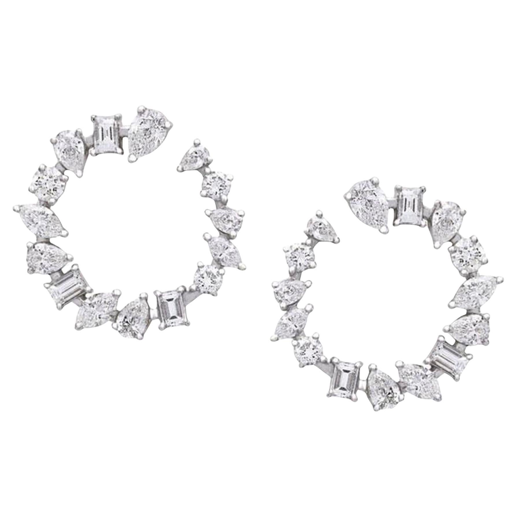 Radiant Cluster 18K White Gold Mixed Diamonds Circle Earrings