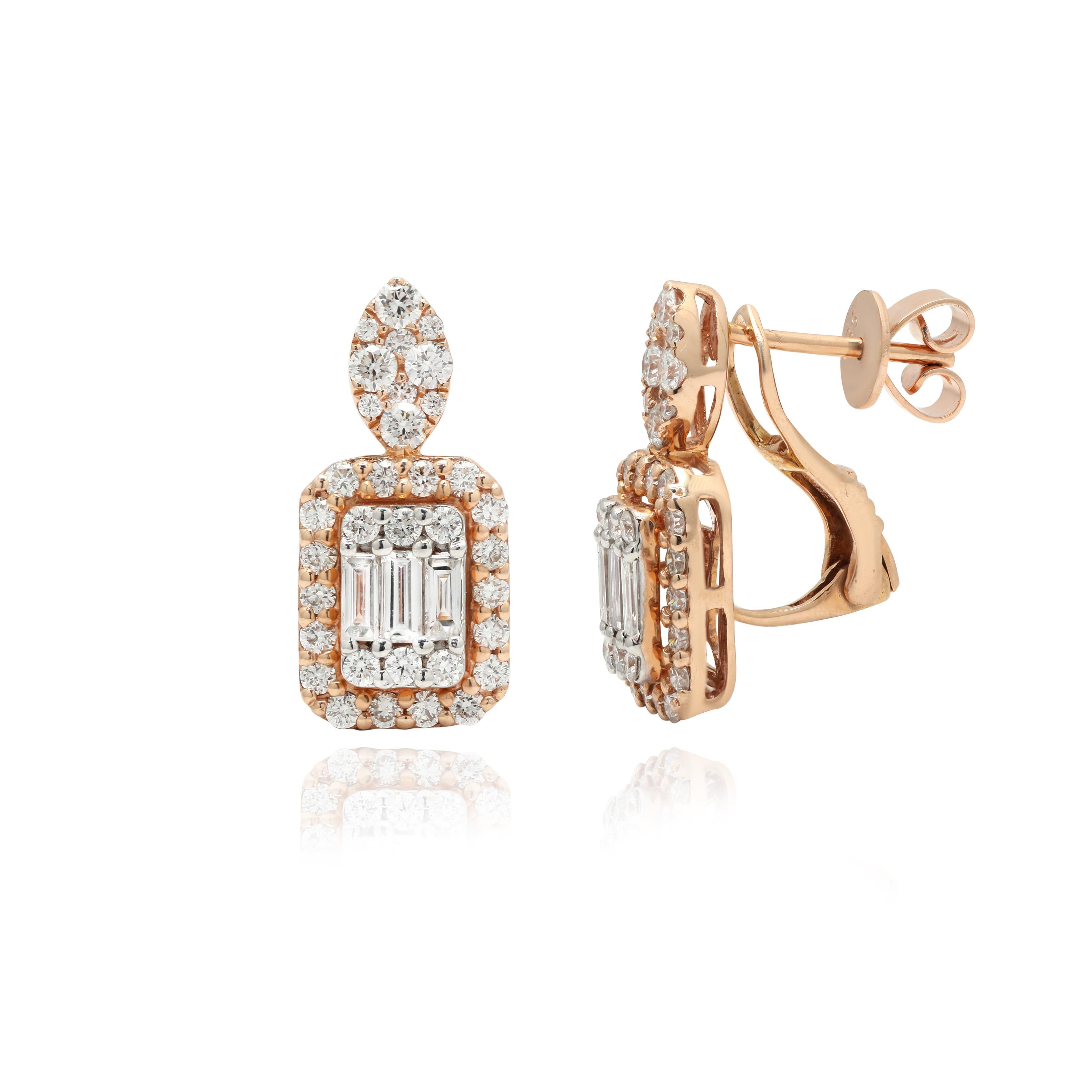 Modern Radiant Clustered Diamonds Clip-On Stud Earrings in 14 Karat Rose Gold  For Sale