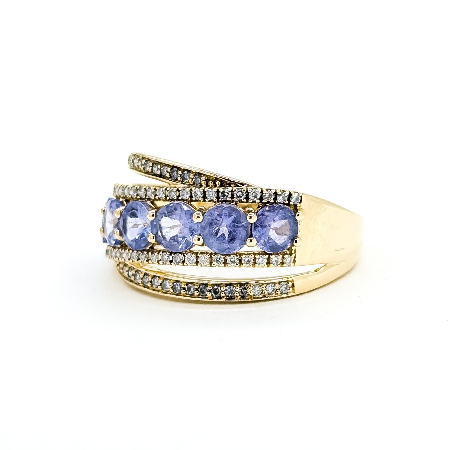 Radiant Crossover Tansanit & Diamant Ring in 14k (Zeitgenössisch) im Angebot